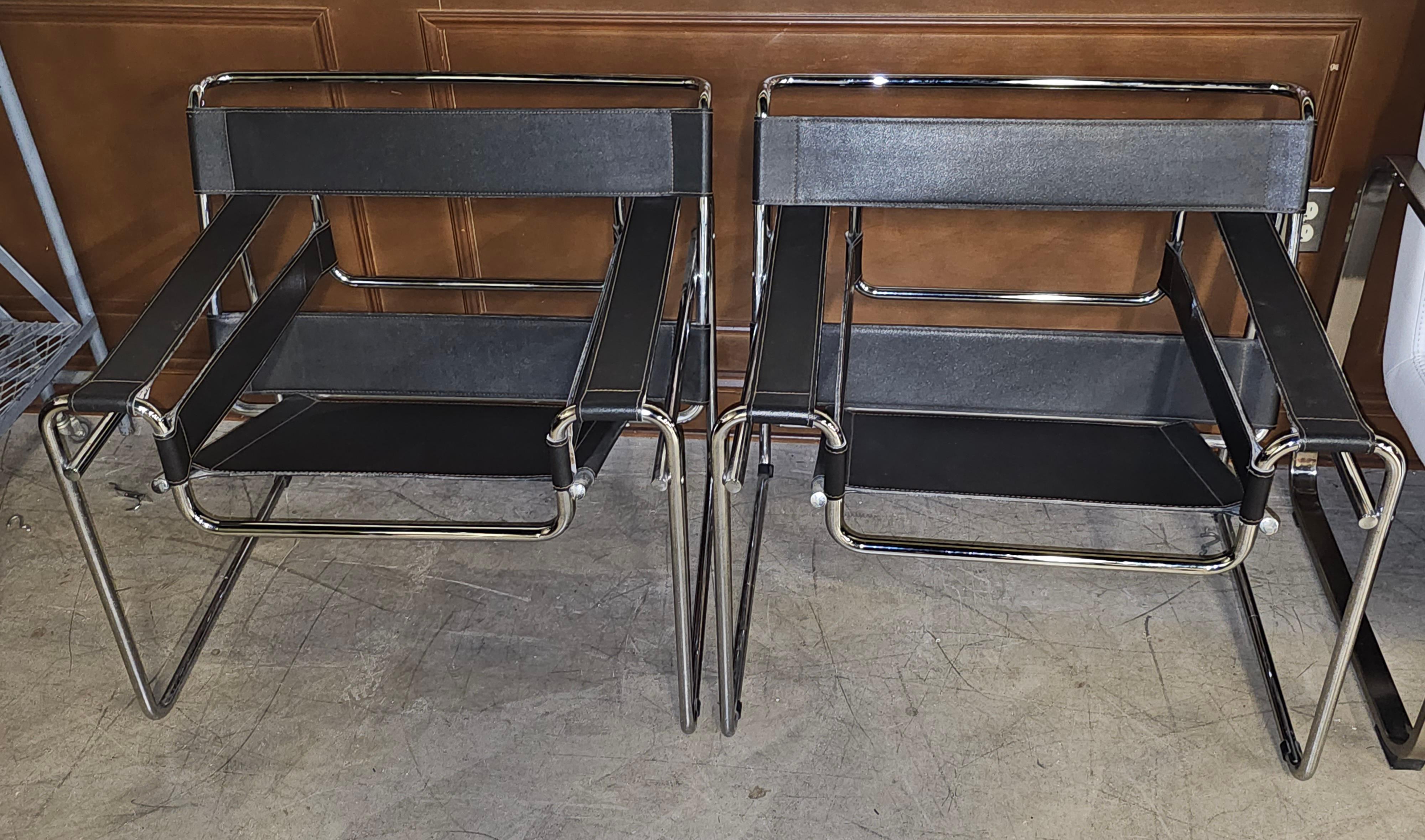 Pair Marcel Breuer Chrome Metal And Leather Wassily Style Lounge Chairs For Sale 2