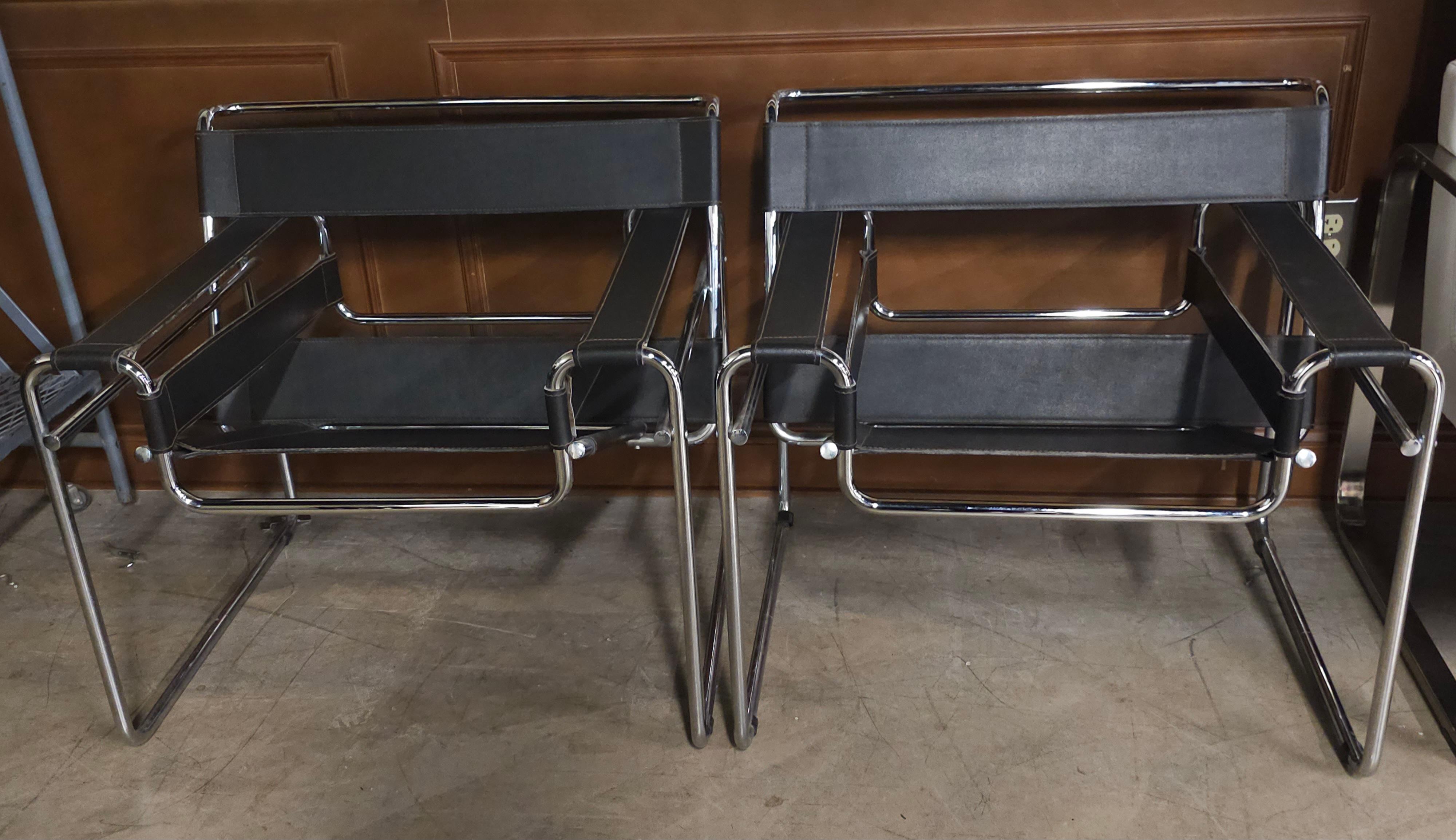 American Pair Marcel Breuer Chrome Metal And Leather Wassily Style Lounge Chairs For Sale
