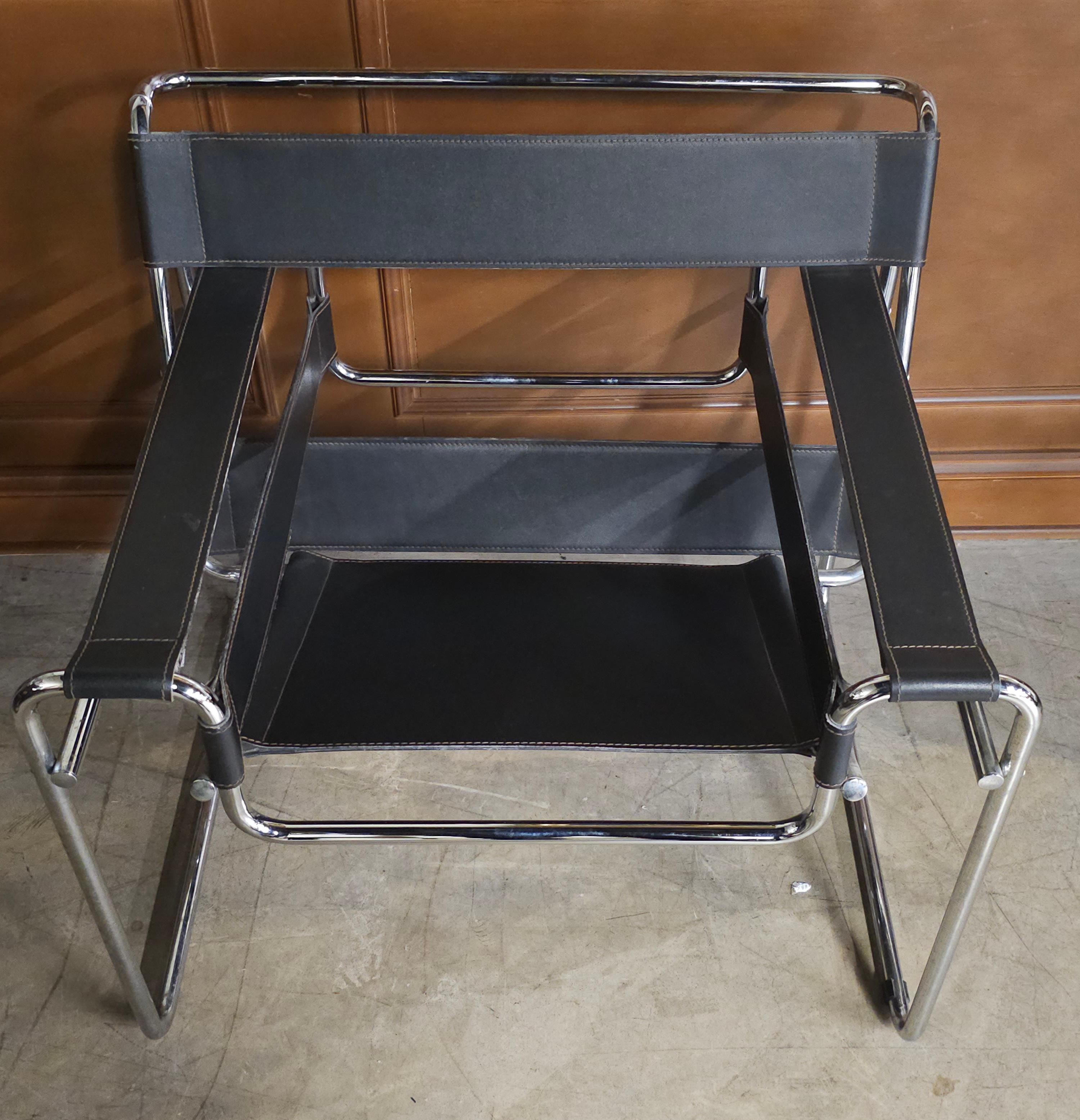 Other Pair Marcel Breuer Chrome Metal And Leather Wassily Style Lounge Chairs For Sale
