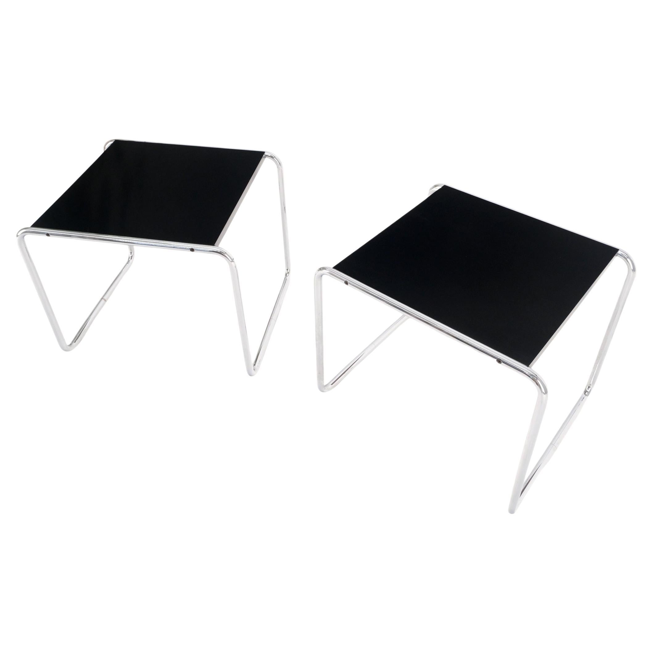 Pair Marcel Breuer Laccio Side Tables Black Laminated Top Tubular Chromed Base For Sale