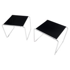 Vintage Pair Marcel Breuer Laccio Side Tables Black Laminated Top Tubular Chromed Base