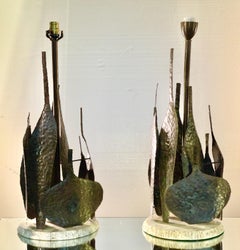 Pair Marcello Fantoni Brutalist Metal Bottle Vases Table Lamps
