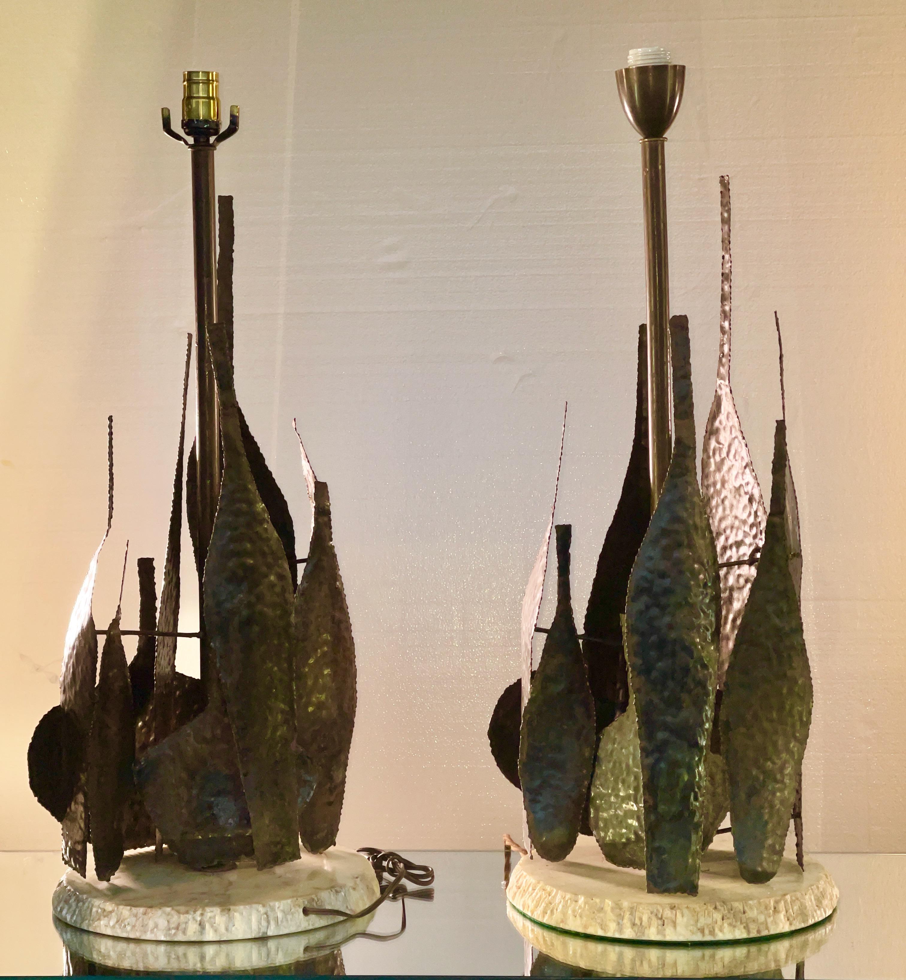Italian Pair Marcello Fantoni Brutalist Metal Bottle Vases Table Lamps For Sale