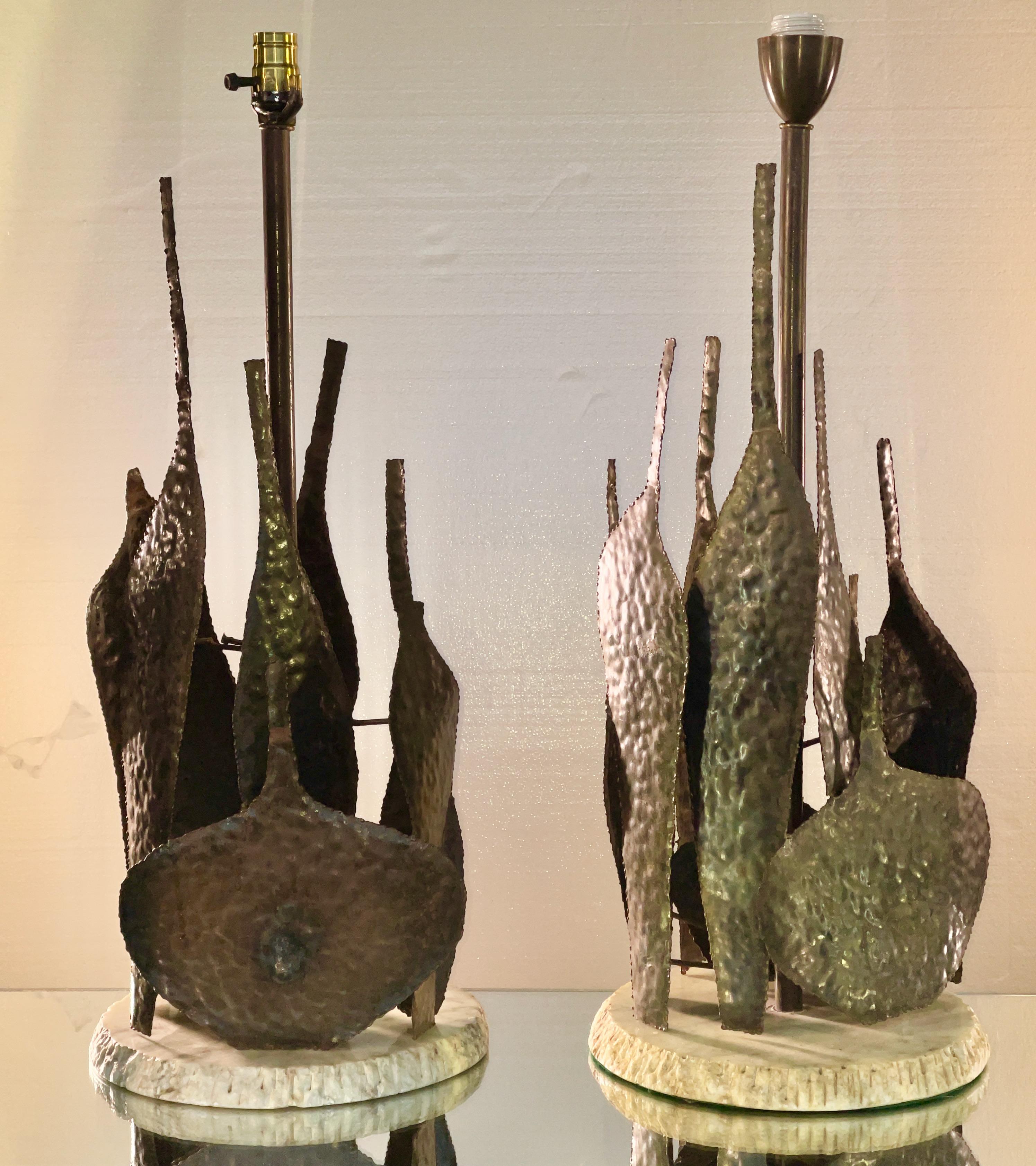Pair Marcello Fantoni Brutalist Metal Bottle Vases Table Lamps In Good Condition For Sale In Hanover, MA