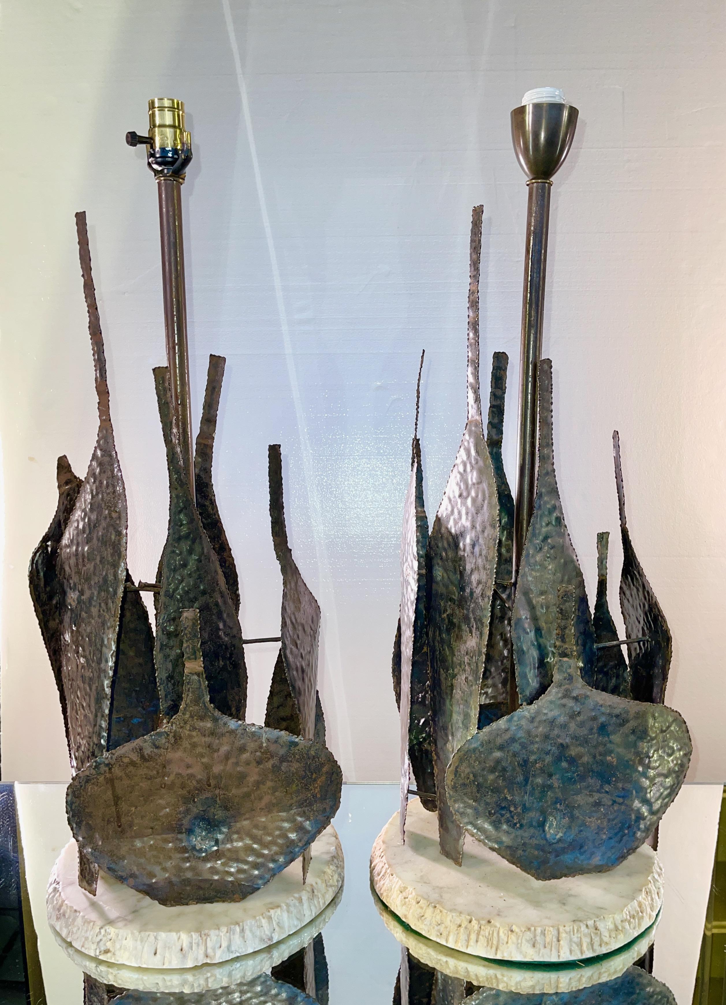 Mid-20th Century Pair Marcello Fantoni Brutalist Metal Bottle Vases Table Lamps For Sale