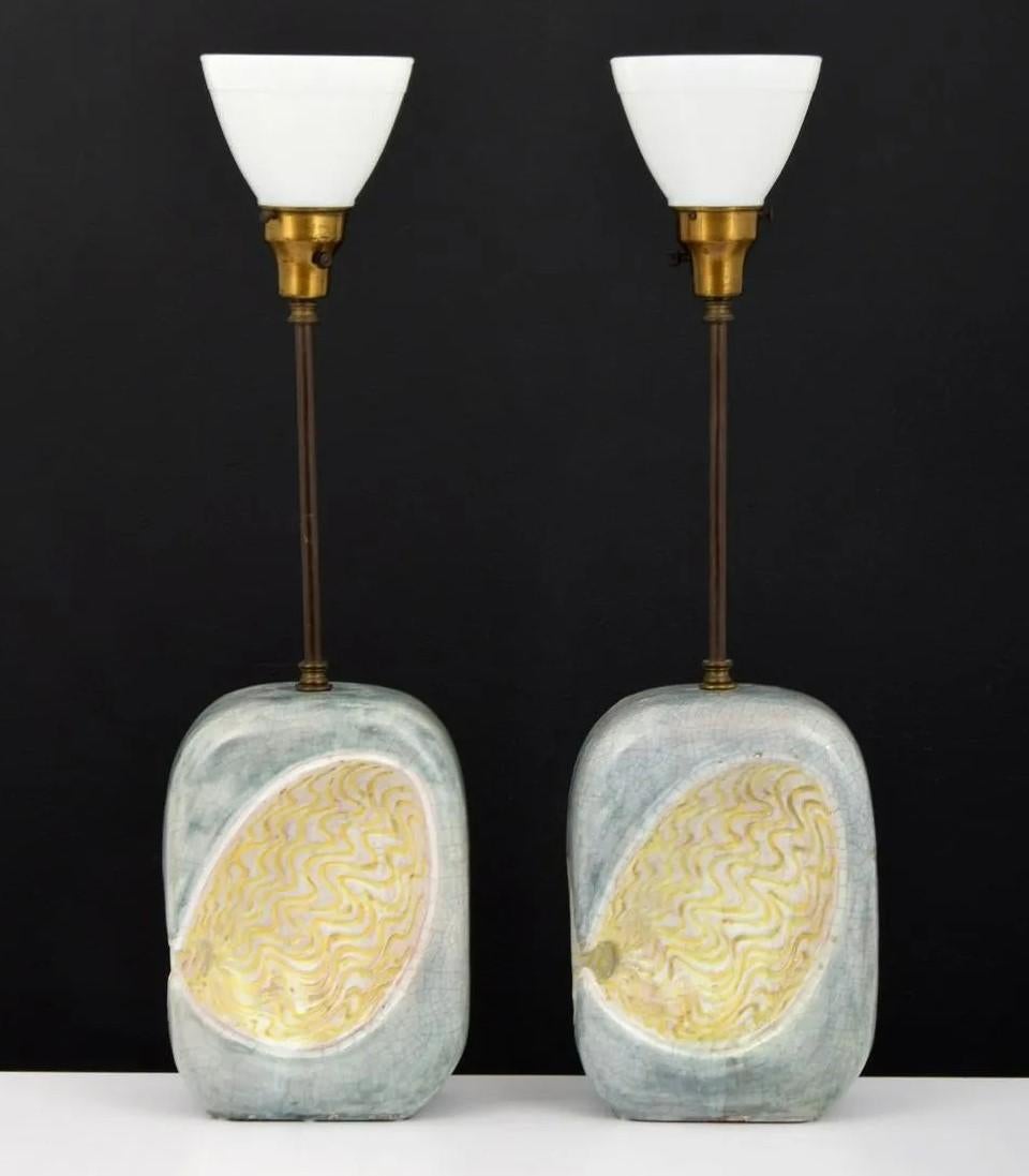Pair of Marcello Fantoni Italian Ceramic and Brass Lamps. The lamps have an organic ceramic shape, brass rod with milk glass shades.