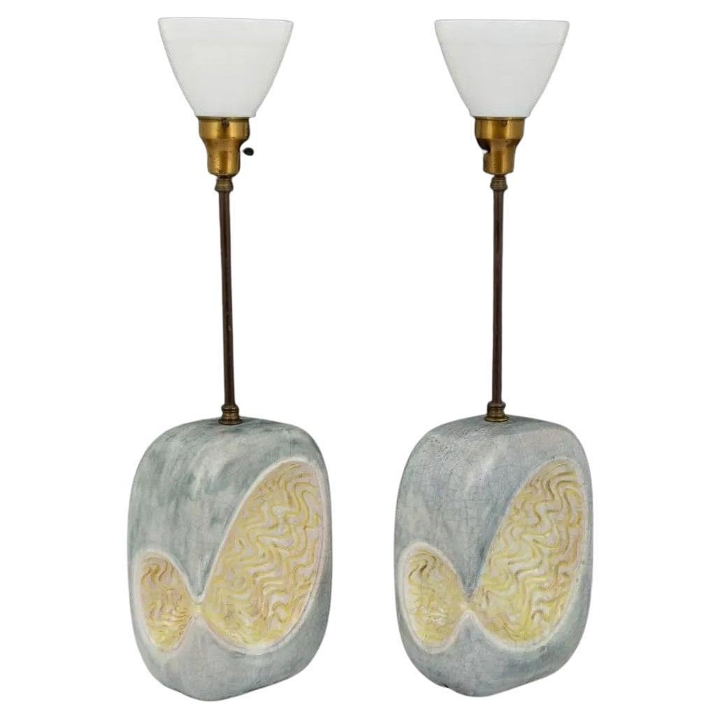 Pair Marcello Fantoni Italian Ceramic and Brass Lamps