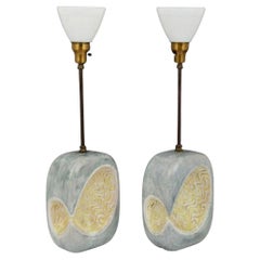 Retro Pair Marcello Fantoni Italian Ceramic and Brass Lamps