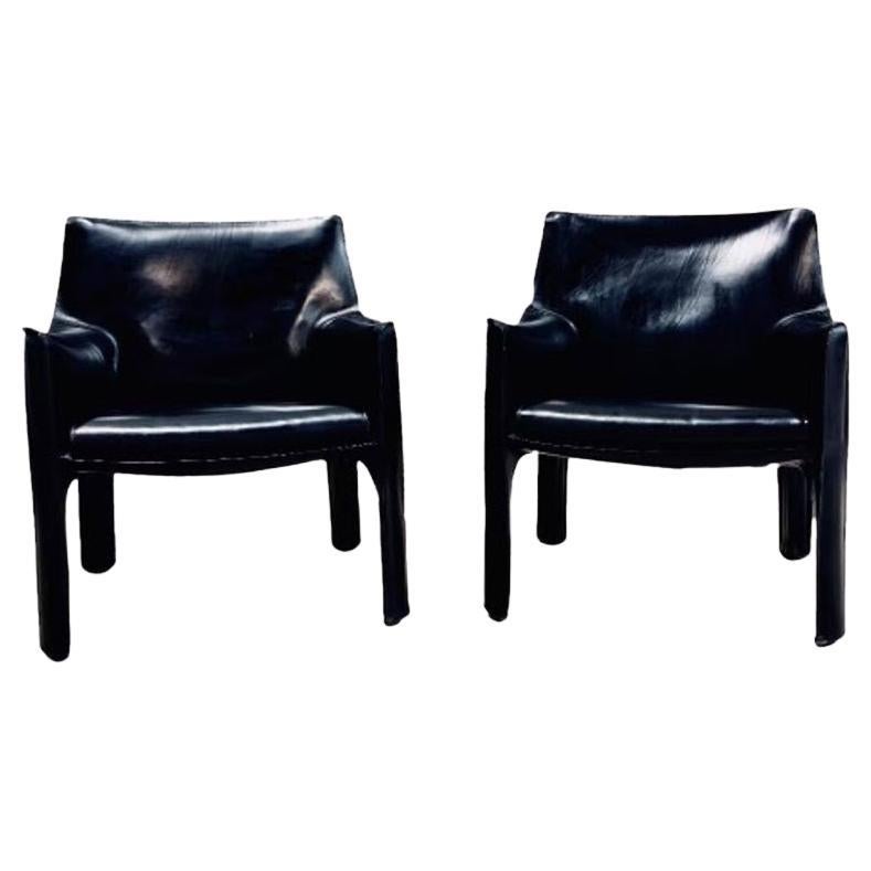 Pair Mario Bellini Black Leather Cab Chairs, Model 414 for Cassina Italy, 1980 For Sale