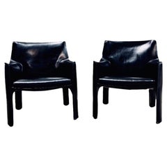 Vintage Pair Mario Bellini Black Leather Cab Chairs, Model 414 for Cassina Italy, 1980