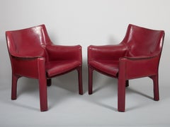 Pair Mario Bellini China Red Leather Cab Chairs, Model 414 for Cassina Italy
