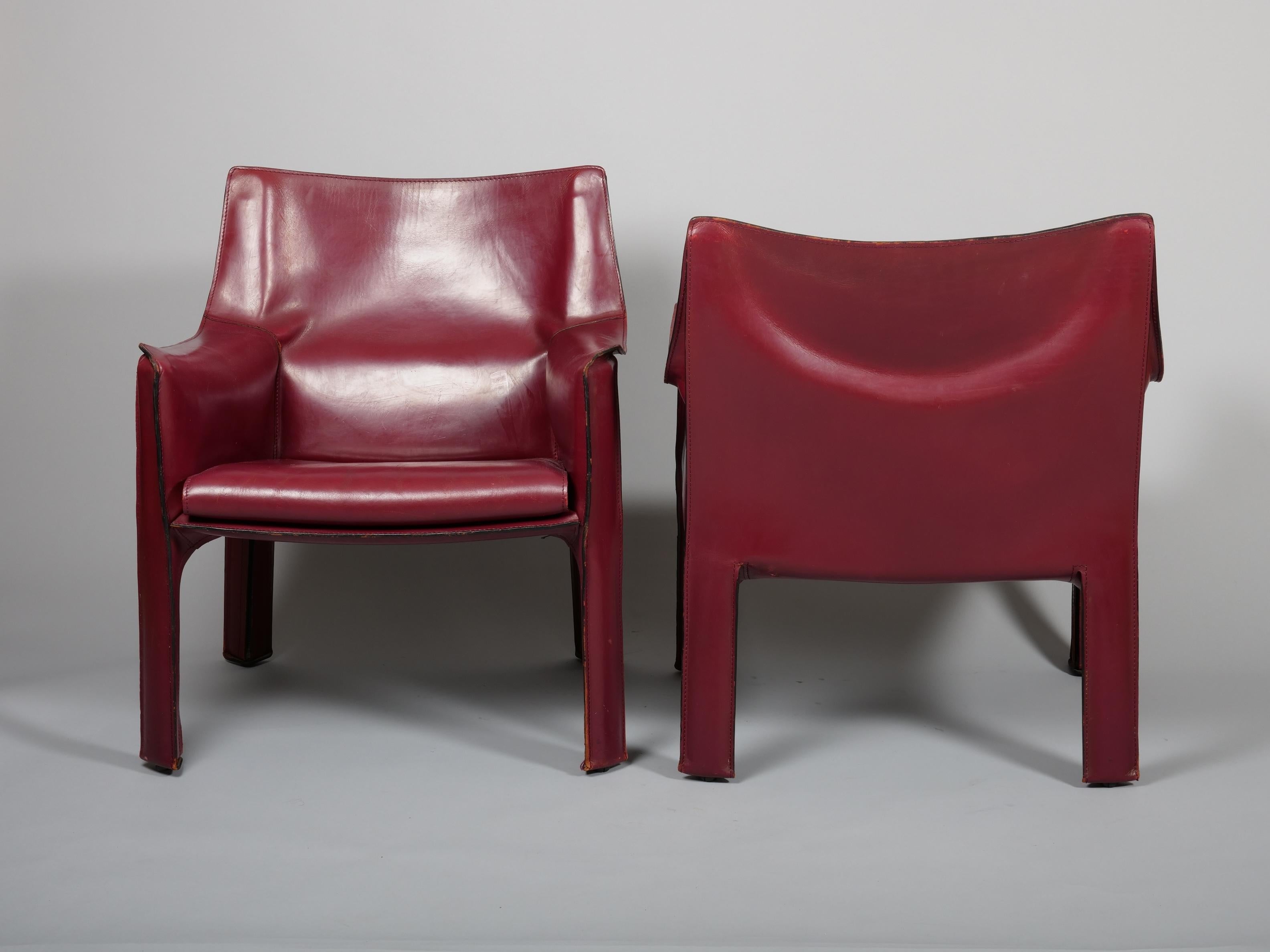 Mid-Century Modern Pair Mario Bellini China Red Leather Cab Chairs, Model 414 for Cassina Italy