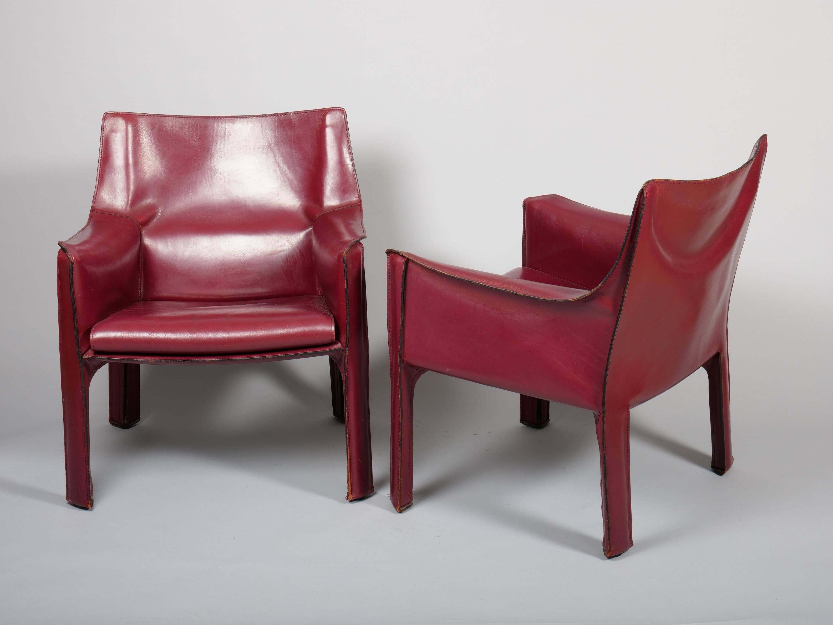 Italian Pair Mario Bellini China Red Leather Cab Chairs, Model 414 for Cassina Italy