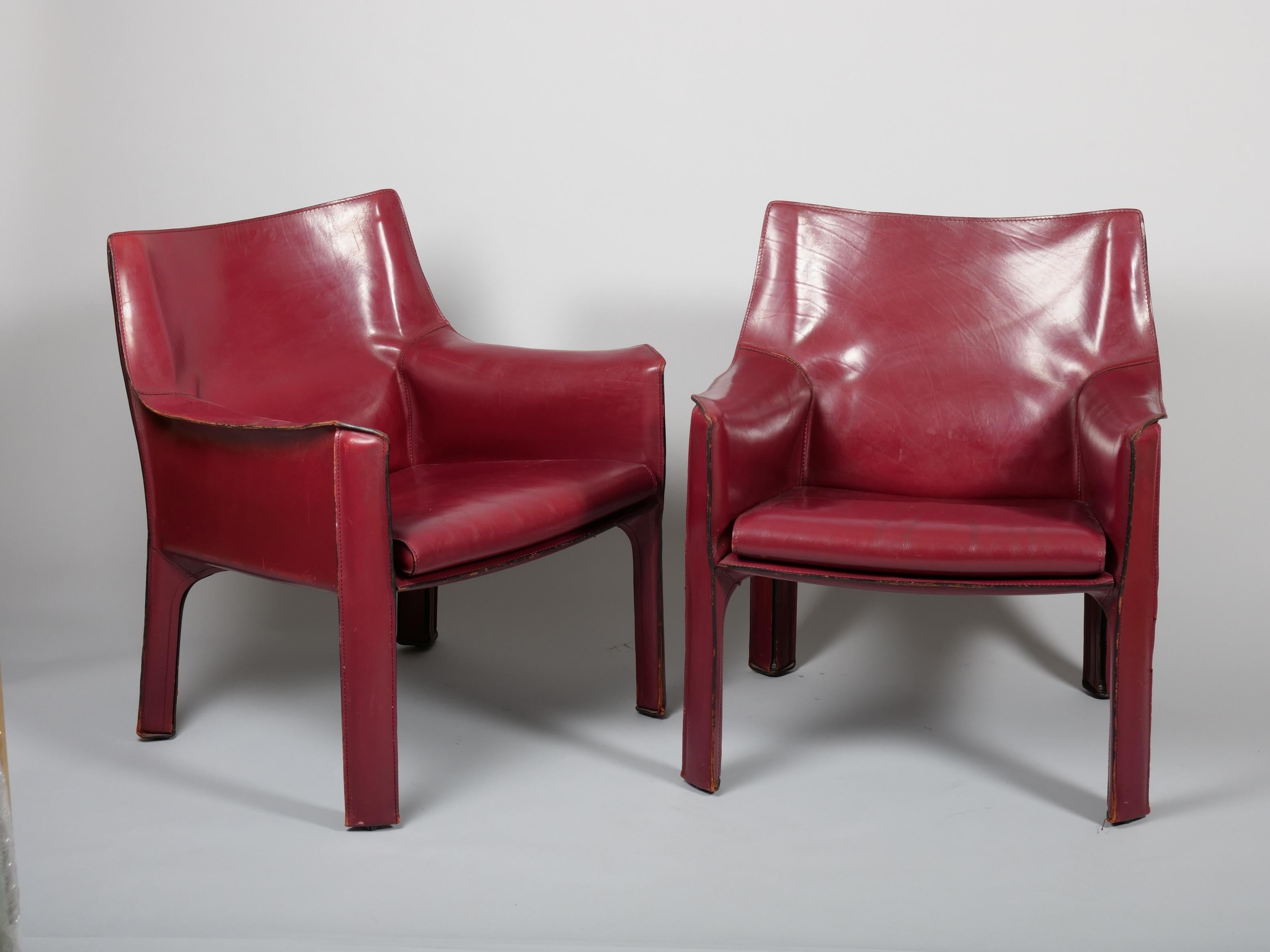 Pair Mario Bellini China Red Leather Cab Chairs, Model 414 for Cassina Italy In Good Condition In London, GB