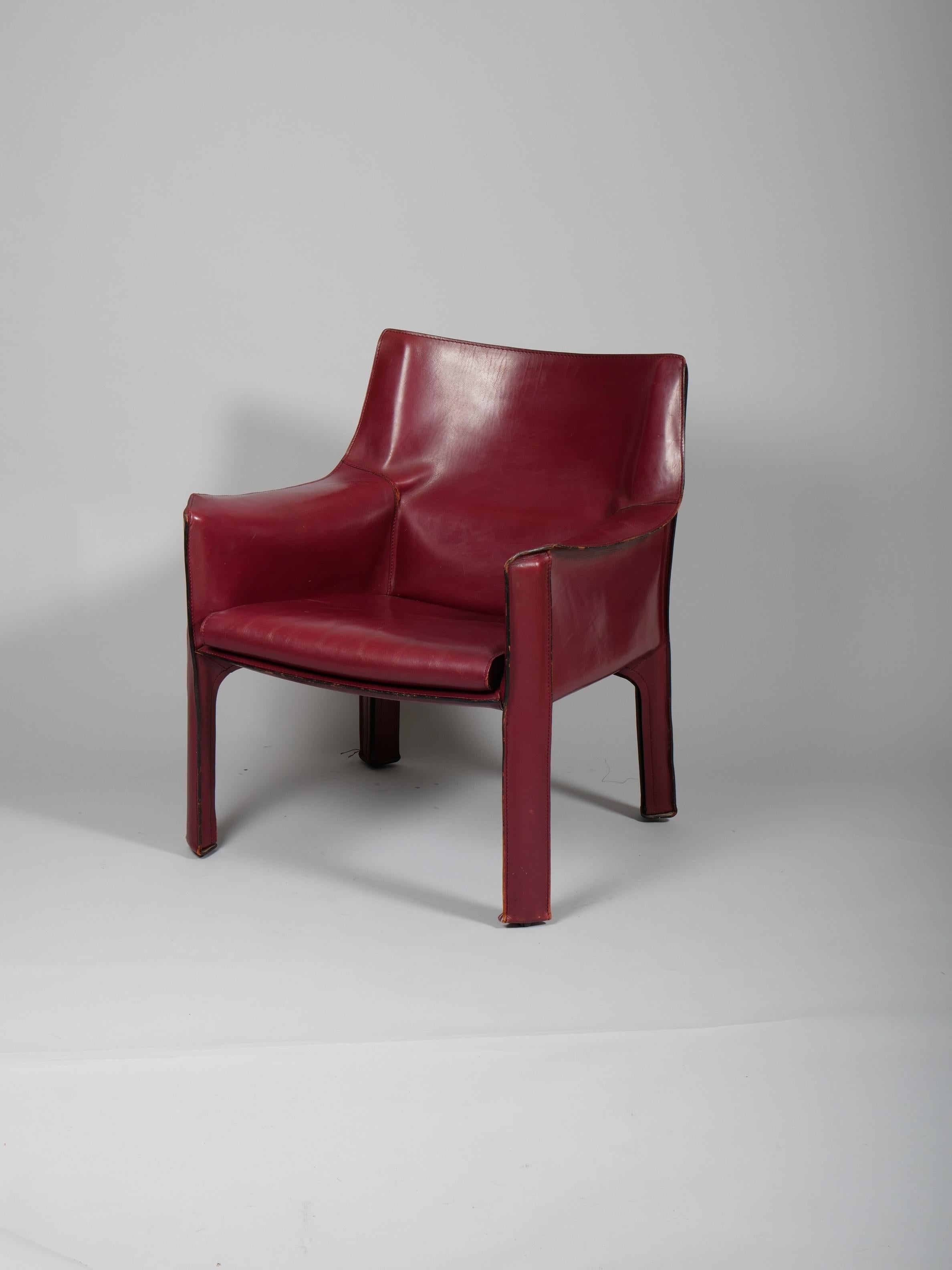 Late 20th Century Pair Mario Bellini China Red Leather Cab Chairs, Model 414 for Cassina Italy