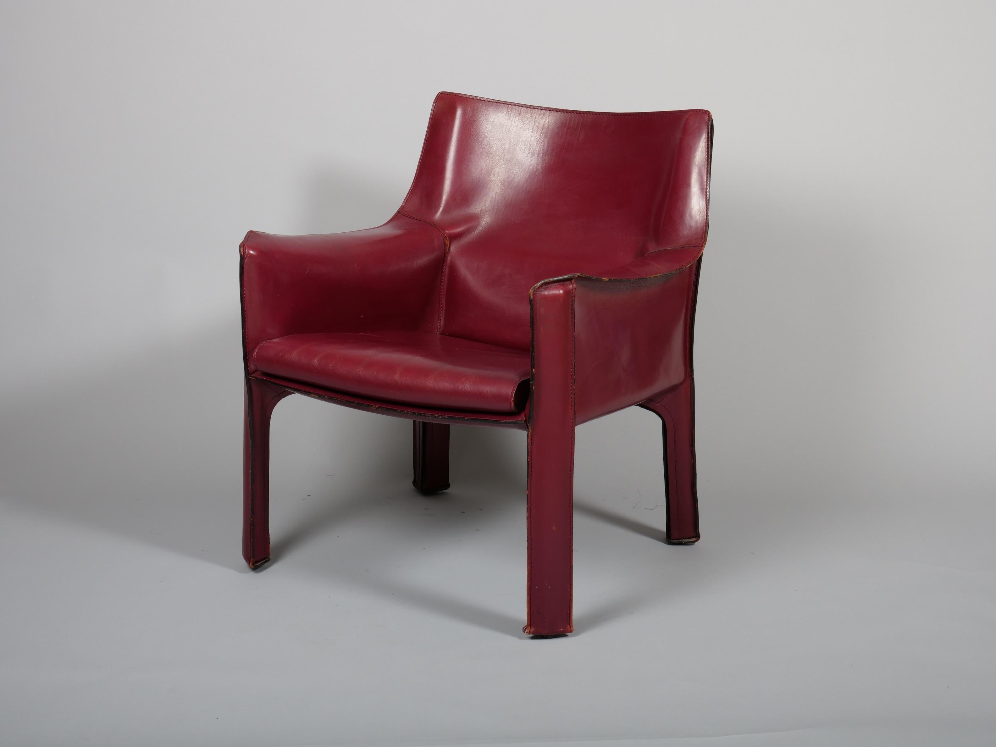 Steel Pair Mario Bellini China Red Leather Cab Chairs, Model 414 for Cassina Italy