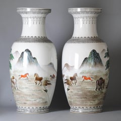 Pair Marked Chinese Porcelain ProC Vases Horses of Wang Mu Calligraphy