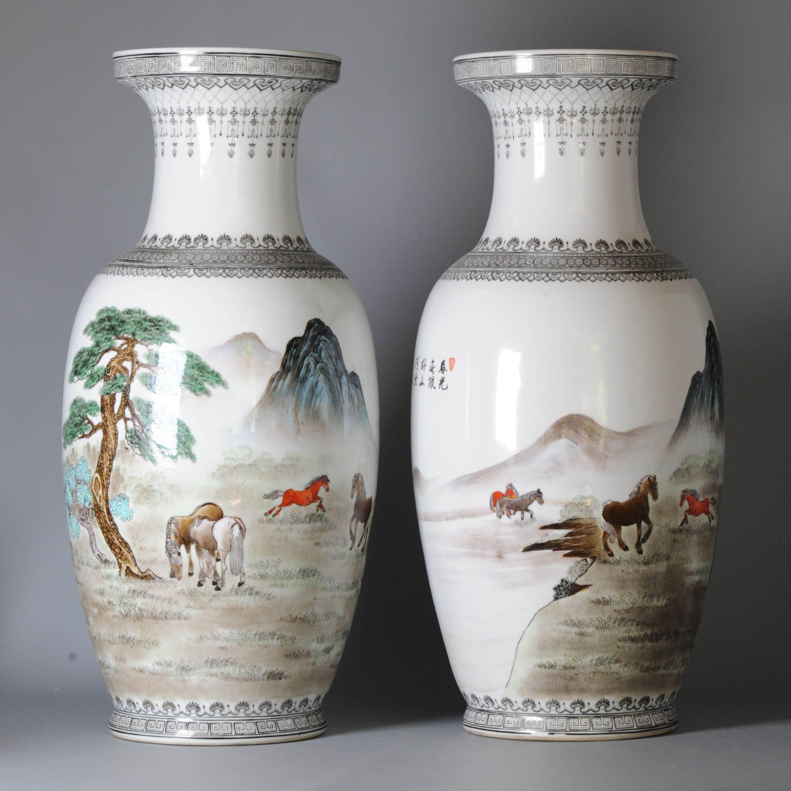 Qing Pair Marked Chinese Porcelain ProC Vases Horses of Wang Mu Calligraphy For Sale