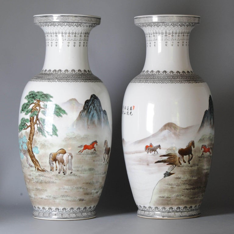 Pair Marked Chinese Porcelain ProC Vases Horses of Wang Mu Calligraphy ...