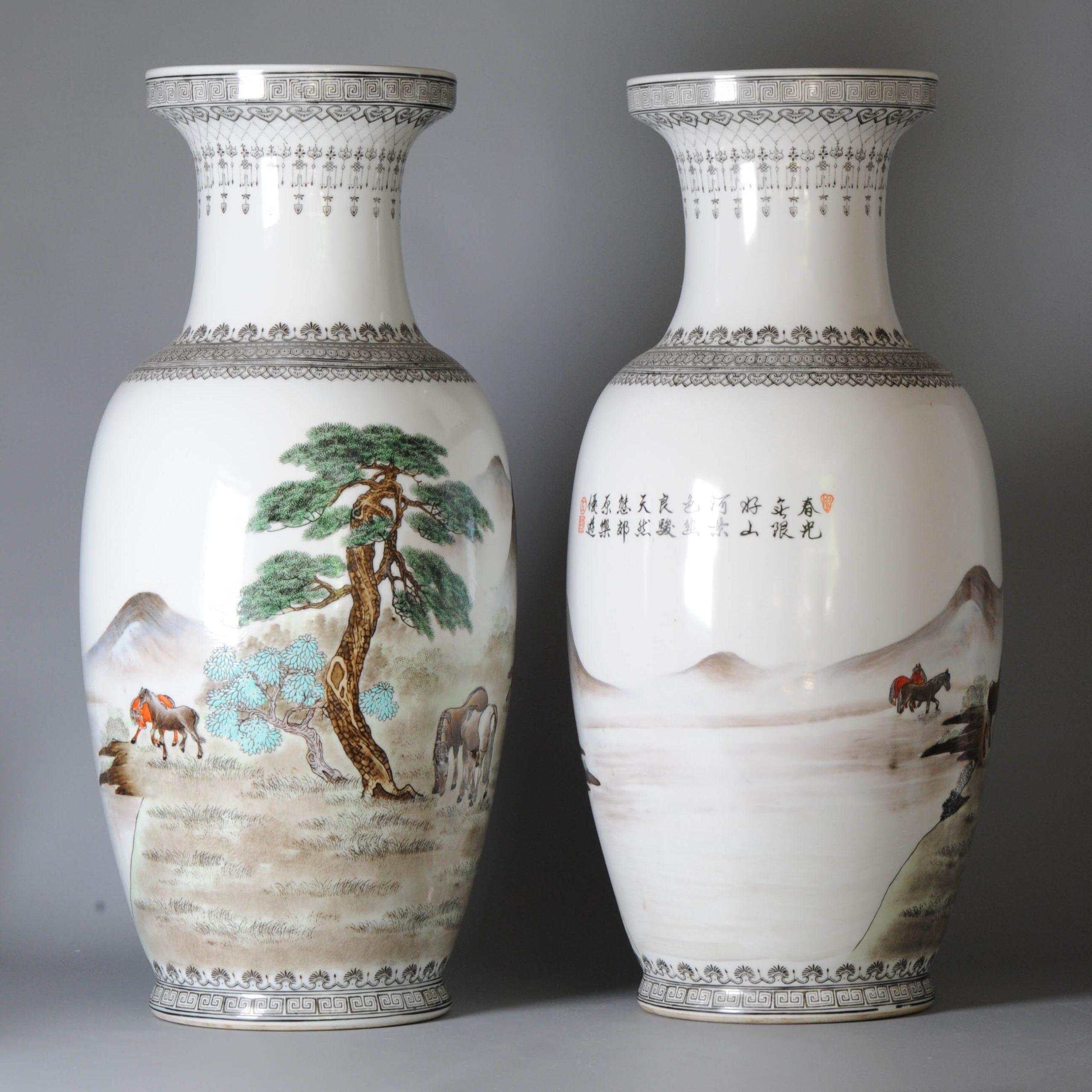 Pair Marked Chinese Porcelain ProC Vases Horses of Wang Mu Calligraphy In Good Condition For Sale In Amsterdam, Noord Holland