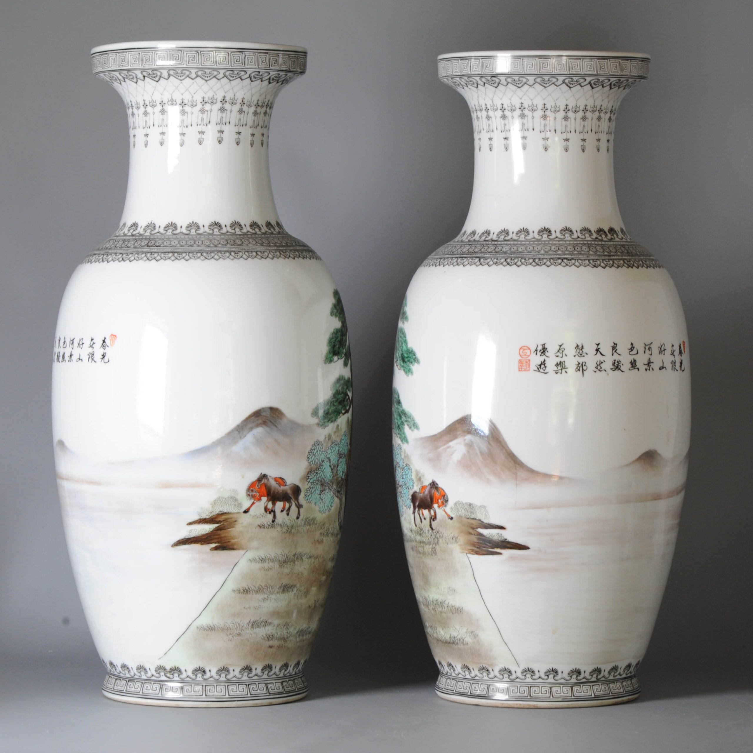 20th Century Pair Marked Chinese Porcelain ProC Vases Horses of Wang Mu Calligraphy For Sale