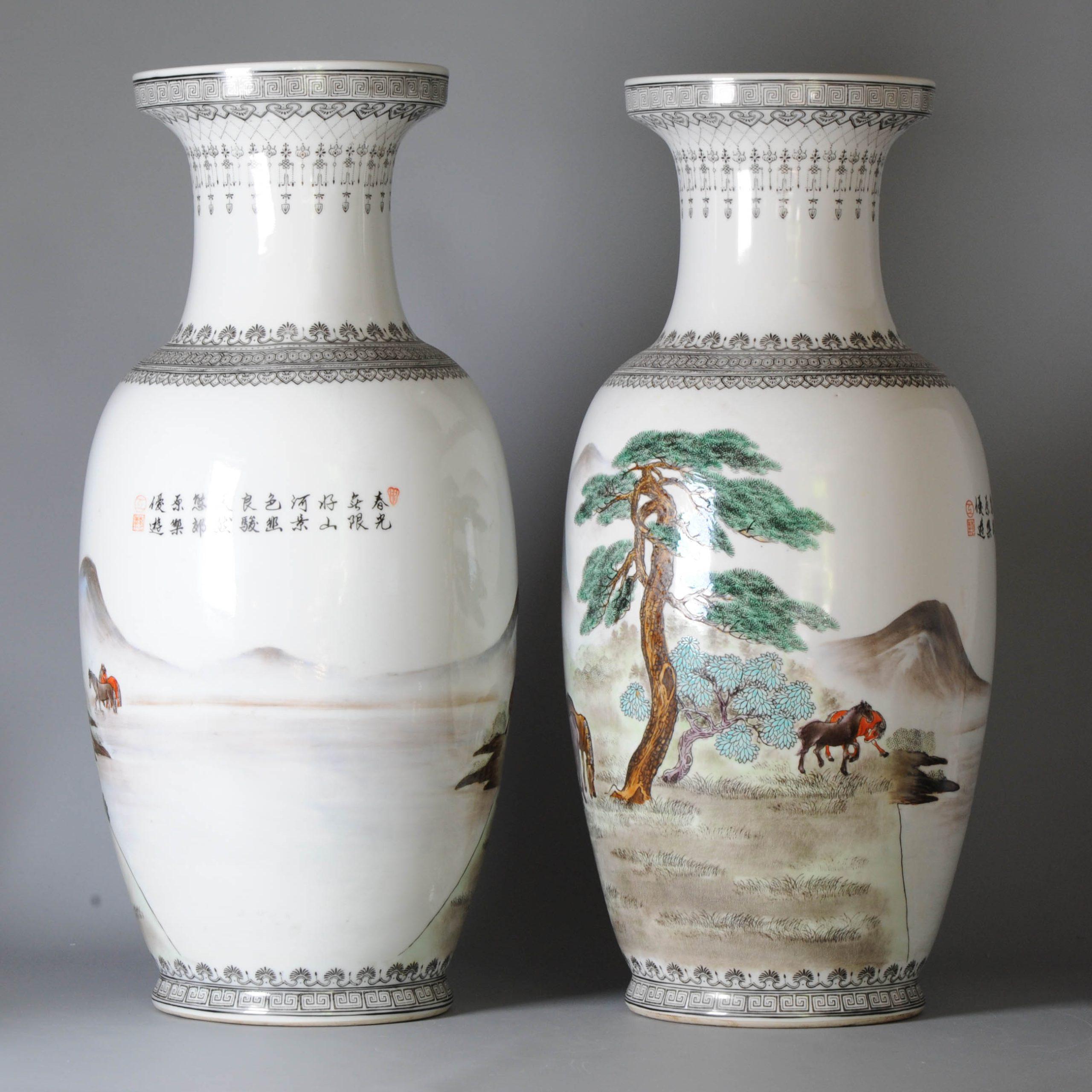 Pair Marked Chinese Porcelain ProC Vases Horses of Wang Mu Calligraphy For Sale 1