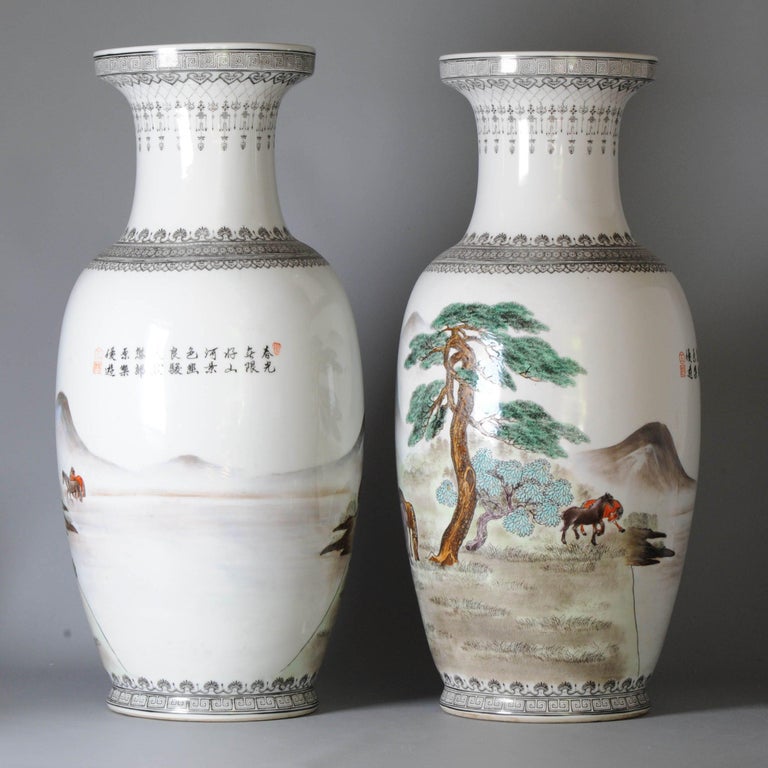 Pair Marked Chinese Porcelain ProC Vases Horses of Wang Mu Calligraphy ...