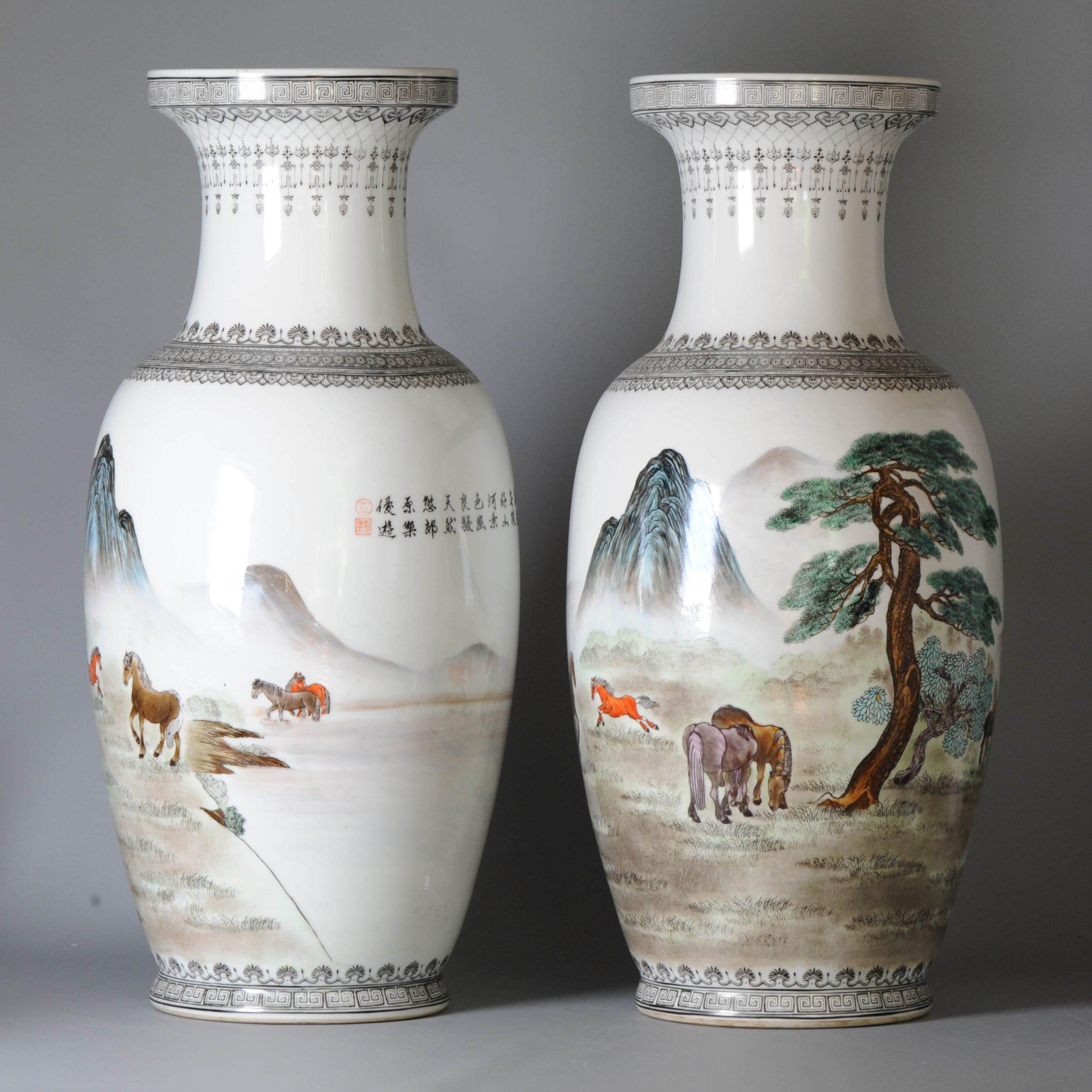 Pair Marked Chinese Porcelain ProC Vases Horses of Wang Mu Calligraphy For Sale 2