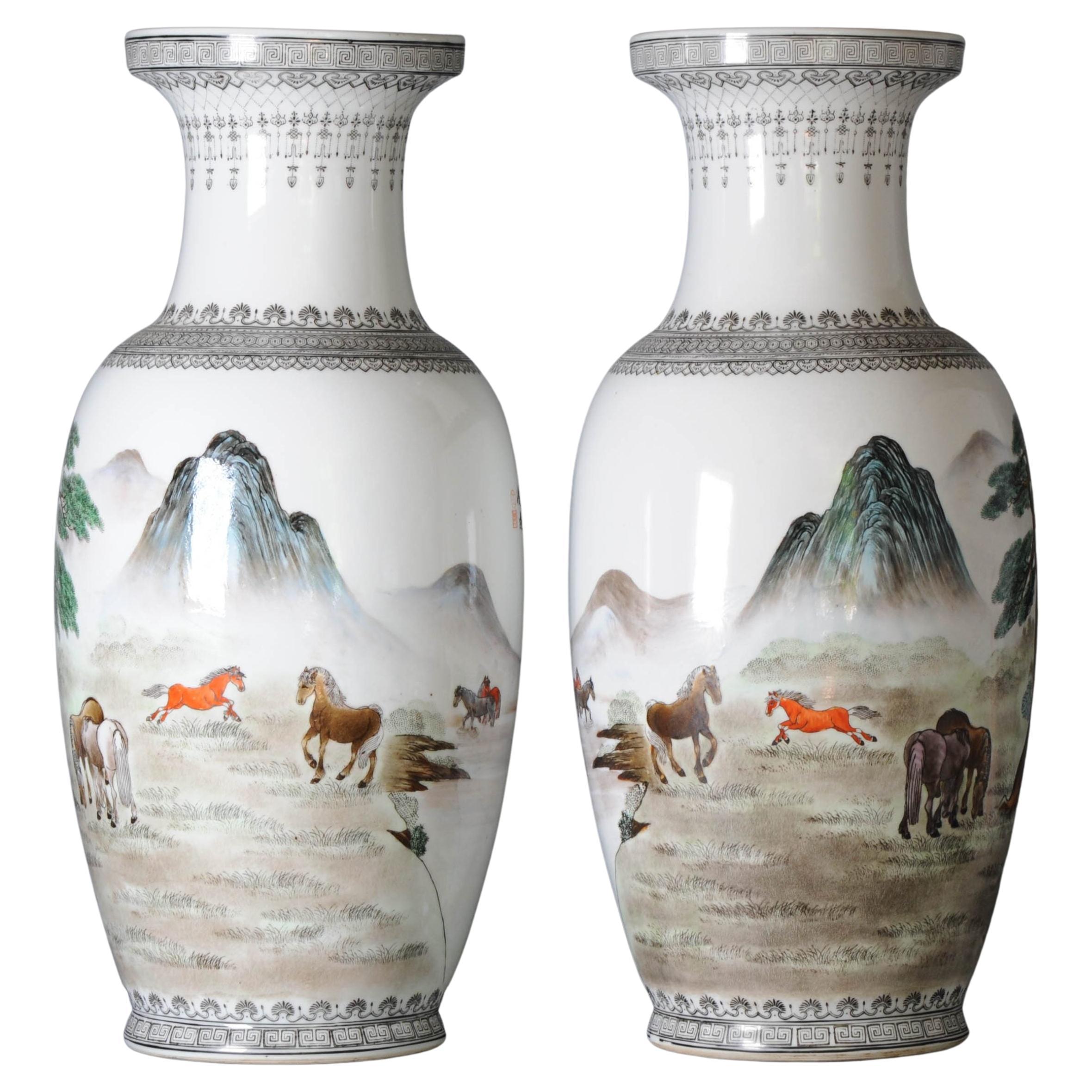 Pair Marked Chinese Porcelain ProC Vases Horses of Wang Mu Calligraphy