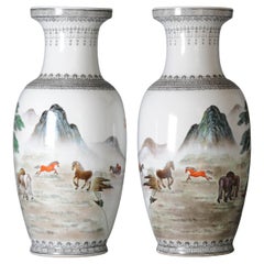 Vintage Pair Marked Chinese Porcelain ProC Vases Horses of Wang Mu Calligraphy