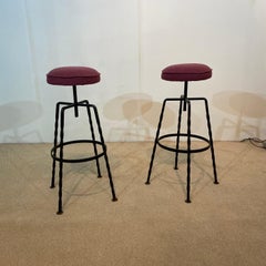 Pair Maroon Boucle Iron Swivel Bar Stools Midcentury Italian Vintage 1950s 60s