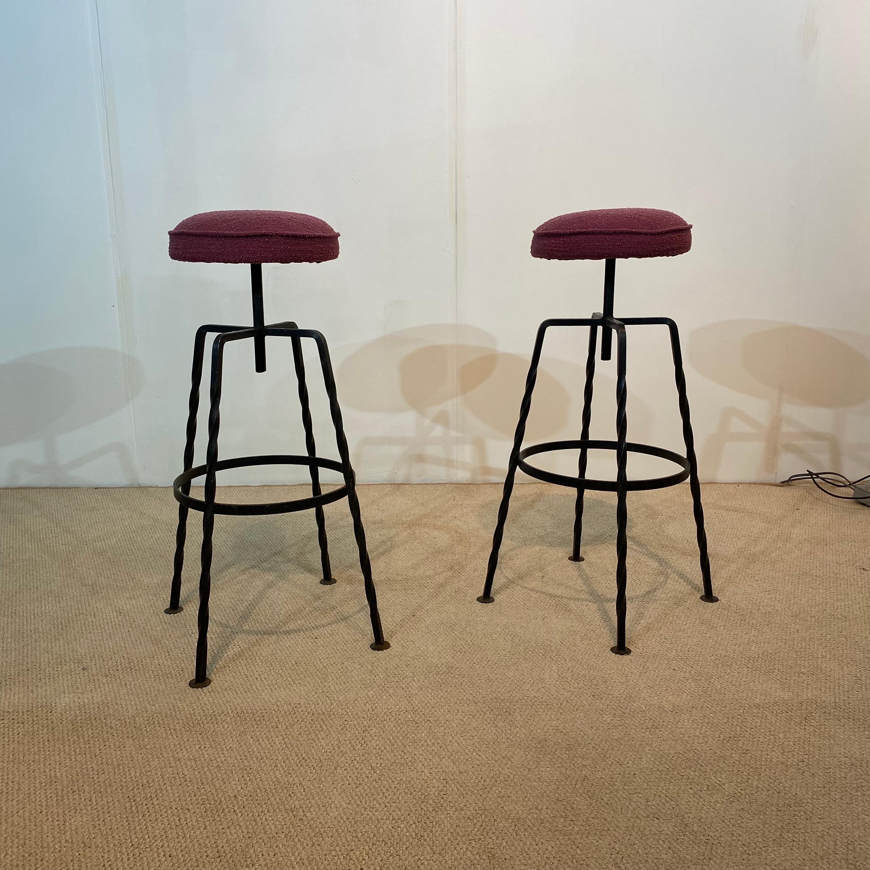 Pair Maroon Boucle Iron Swivel Bar Stools Midcentury Italian Vintage 1950s 60s In Good Condition For Sale In London, GB