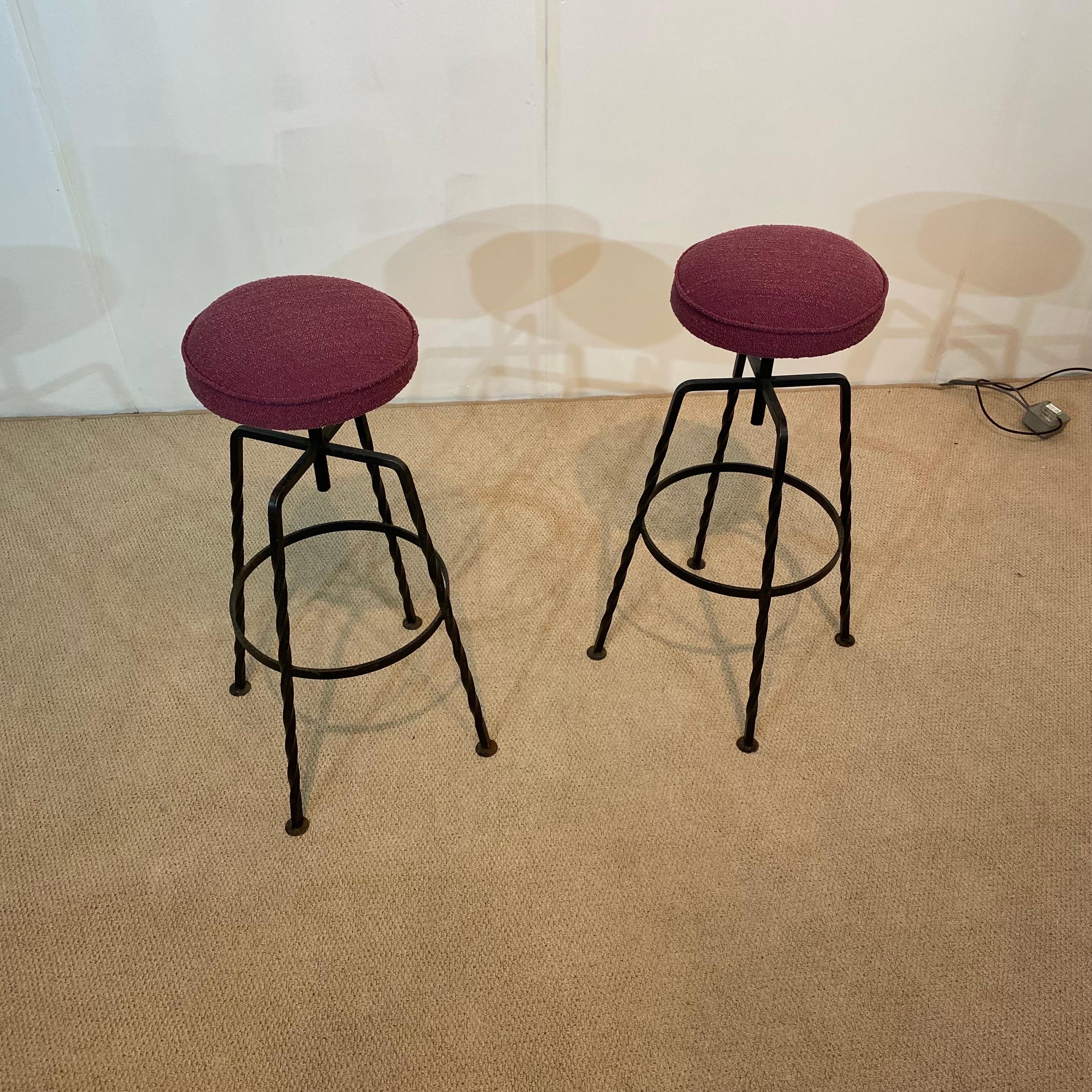 Fabric Pair Maroon Boucle Iron Swivel Bar Stools Midcentury Italian Vintage 1950s 60s For Sale