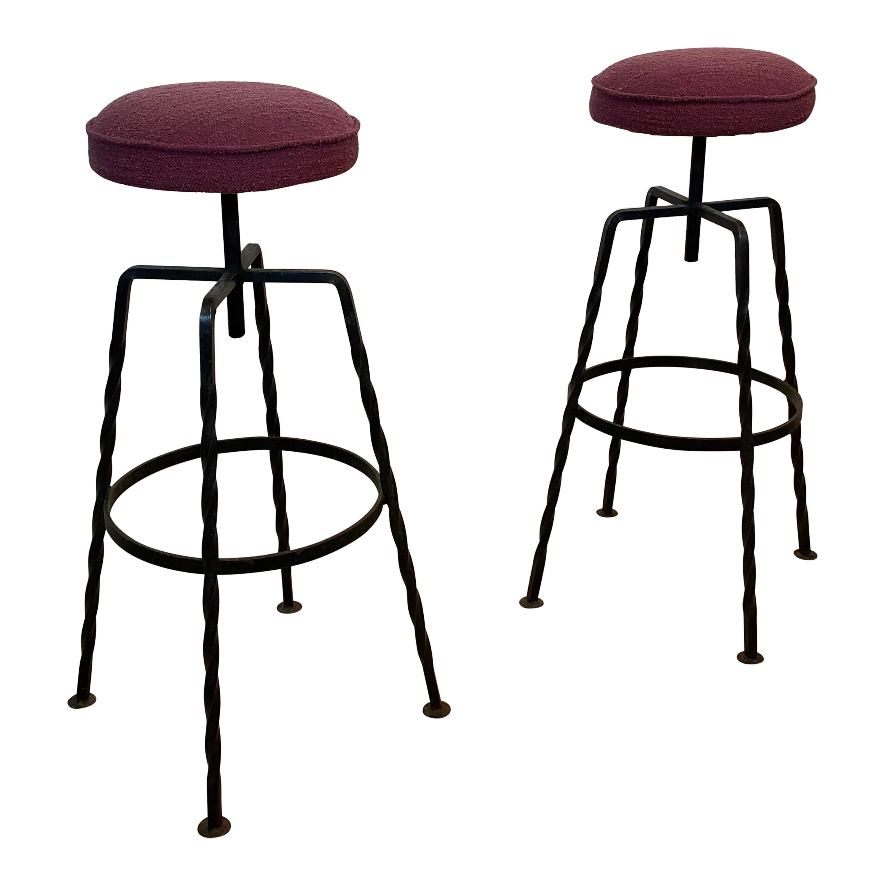 Pair Maroon Boucle Iron Swivel Bar Stools Midcentury Italian Vintage 1950s 60s For Sale