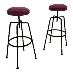 Pair Maroon Boucle Iron Swivel Bar Stools Midcentury Italian Vintage 1950s 60s