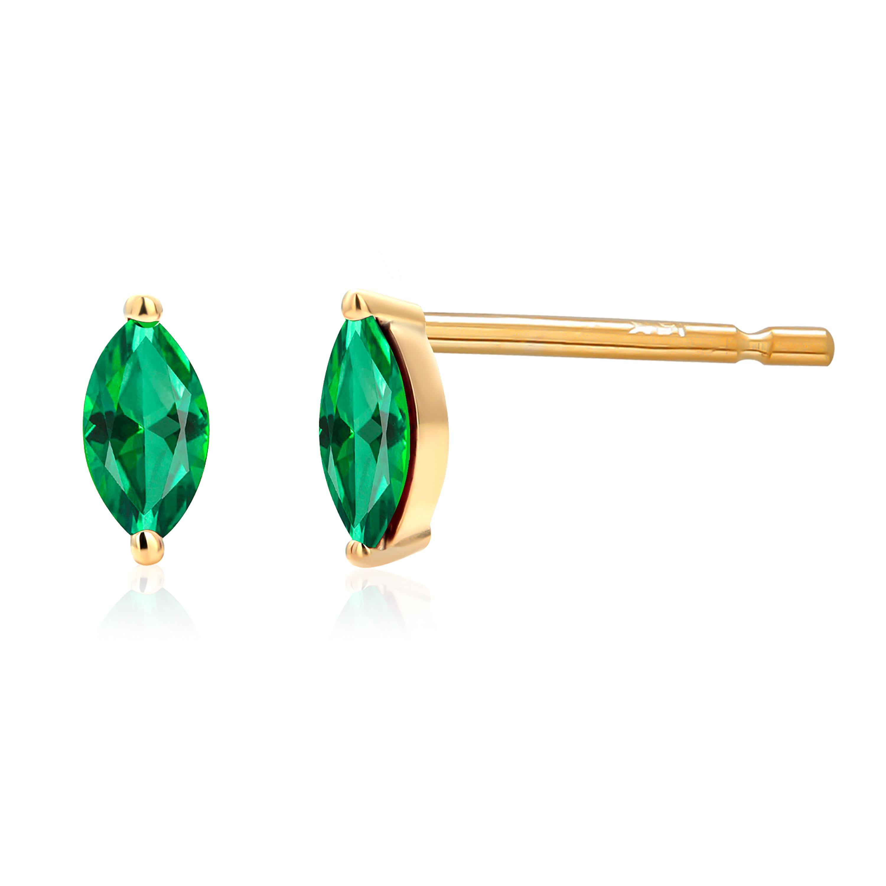 Marquise Cut Pair Marquise Emeralds 0.25 Carat 14 Karat Gold Mini 0.23 Inch Long Earrings  For Sale