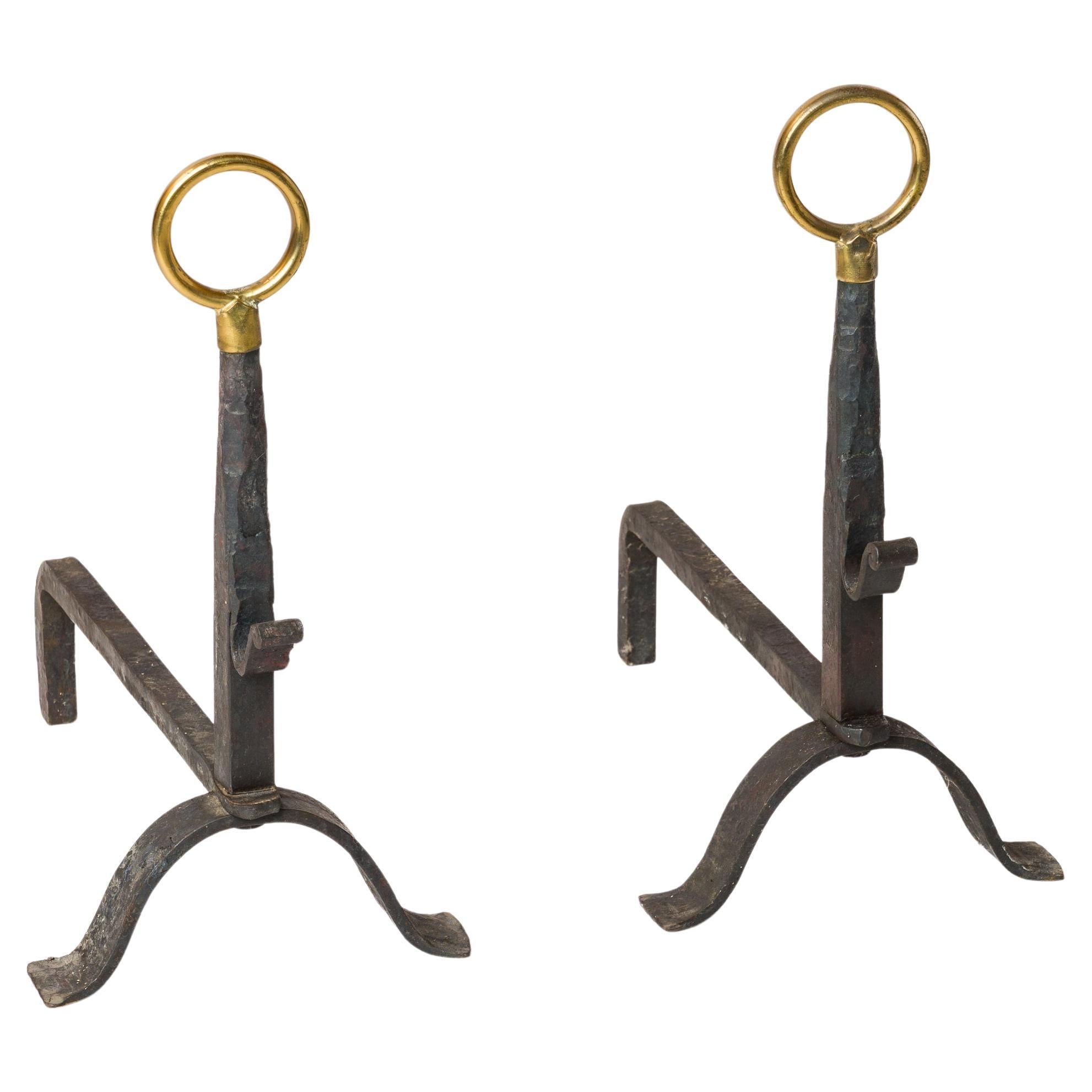 Pair "Martelé" Wrought Iron Andirons with Polished End Handles - France 1970s en venta