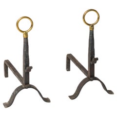 Pair "Martelé" Wrought Iron Andirons with Polished End Handles - France 1970s