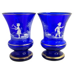 Pair Mary Gregory Enamel Glass Goblets, Antique, German, 1920s