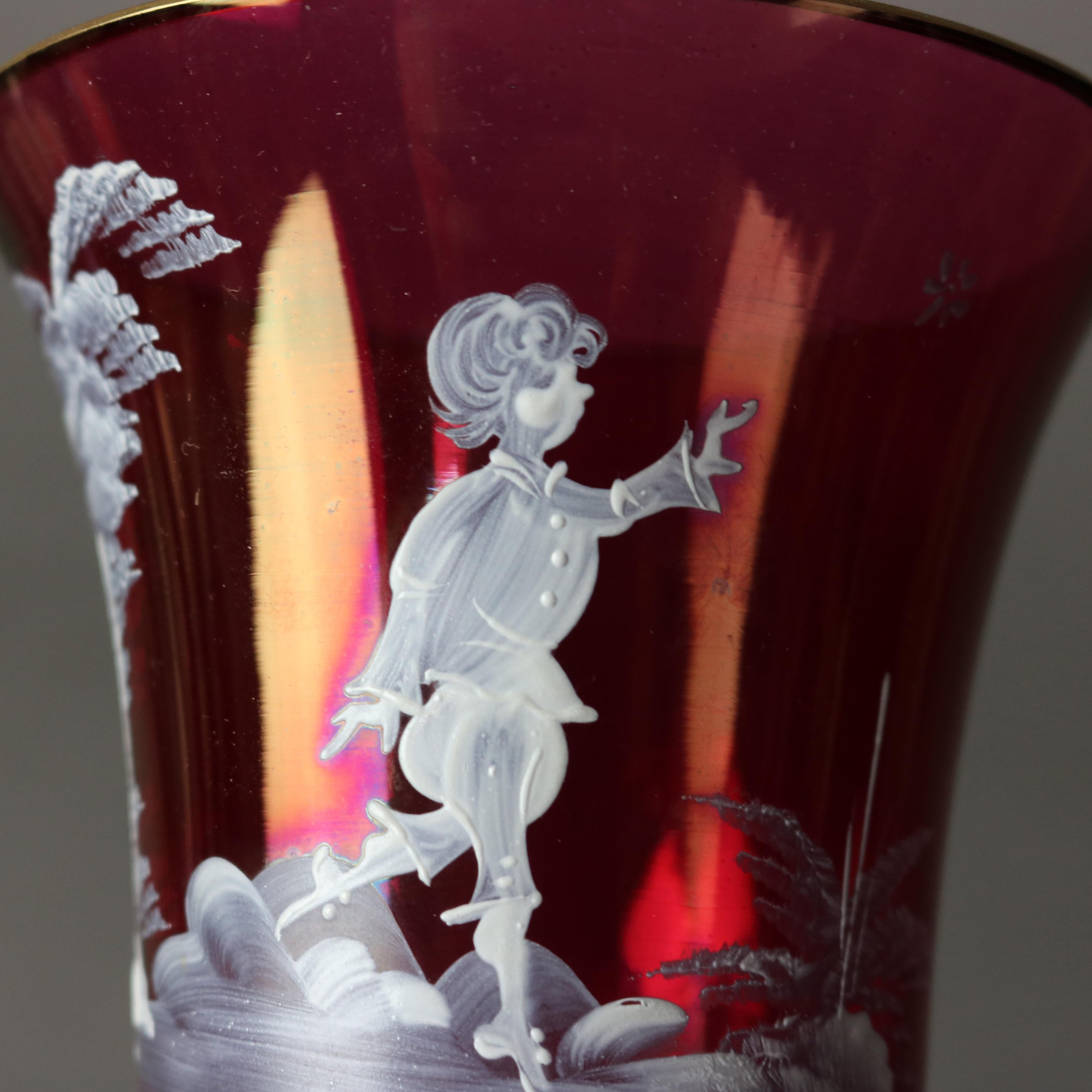 Pair Mary Gregory Hand Enameled & Gilt Cranberry Glass Vases with Figures c1890

Measures - 8 1/8
