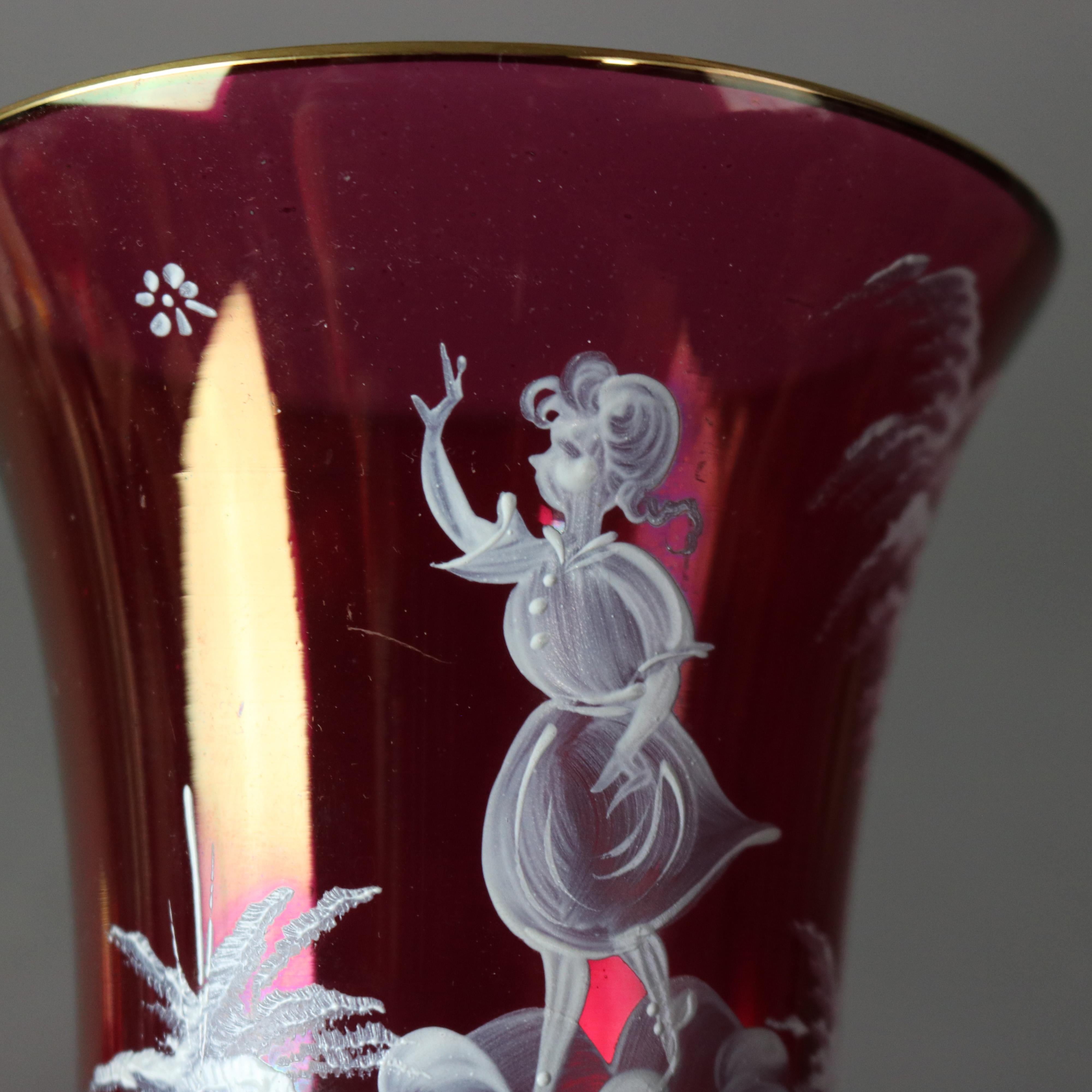 Pair Mary Gregory Hand Enameled & Gilt Cranberry Glass Vases with Figures c1890 In Good Condition In Big Flats, NY