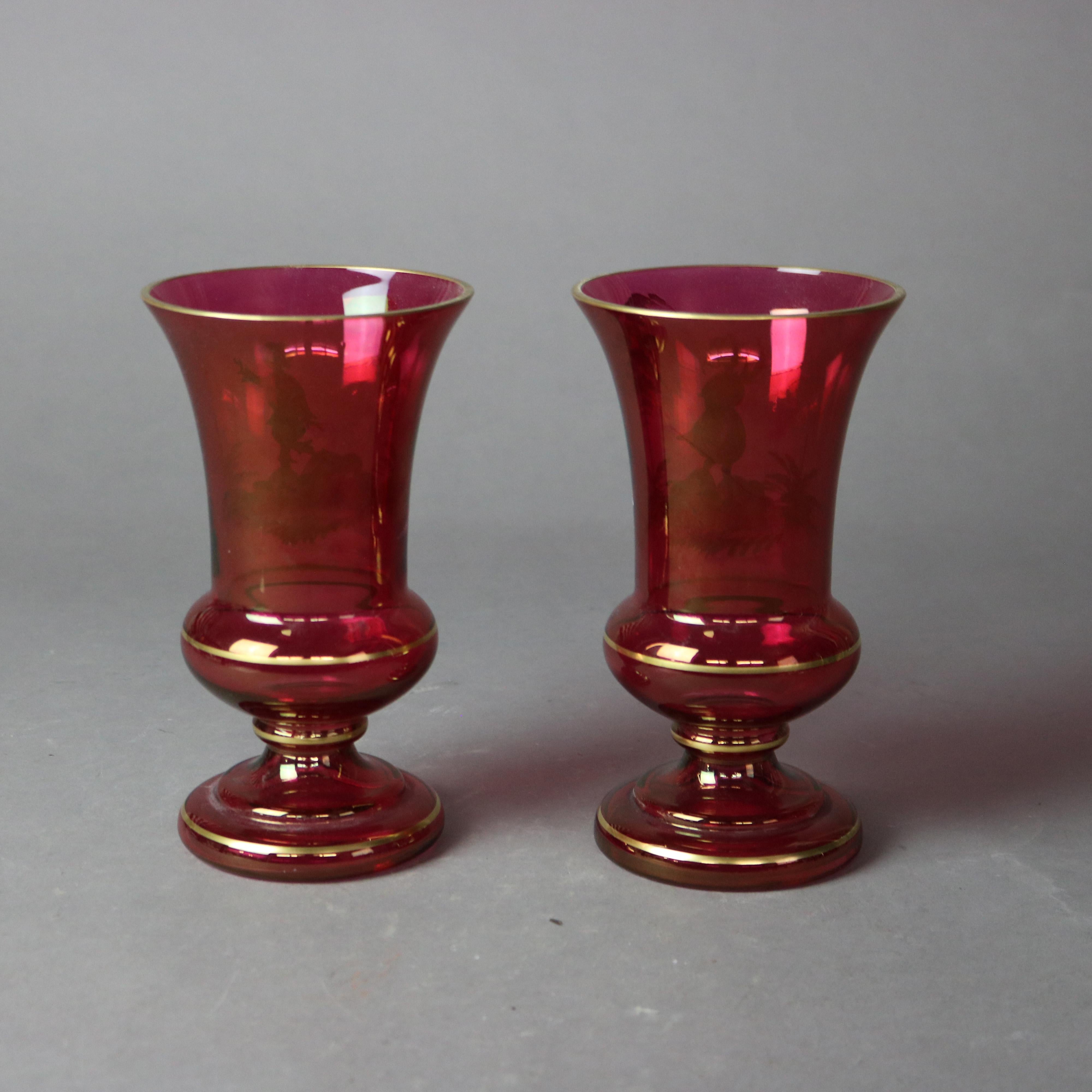 19th Century Pair Mary Gregory Hand Enameled & Gilt Cranberry Glass Vases with Figures c1890