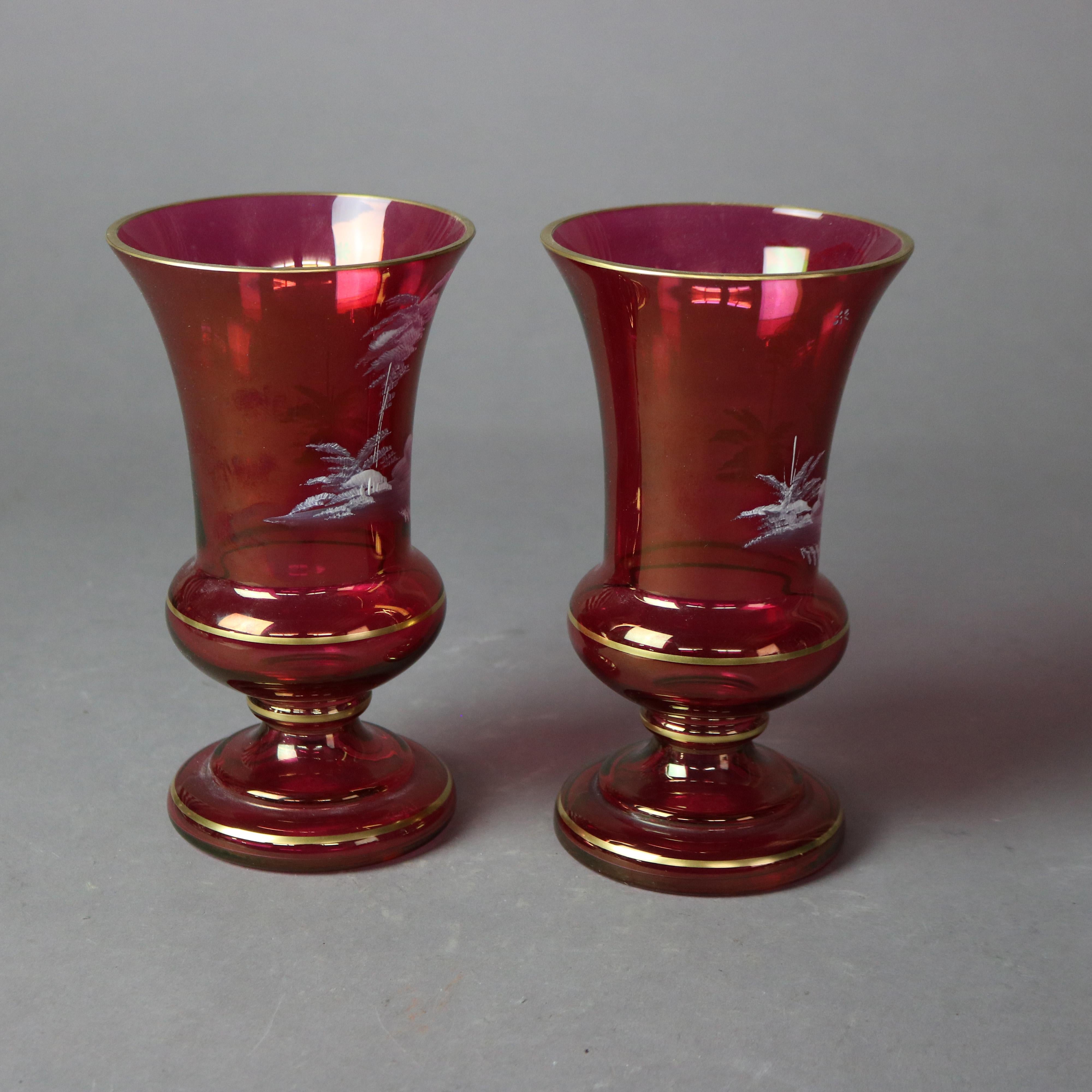 Art Glass Pair Mary Gregory Hand Enameled & Gilt Cranberry Glass Vases with Figures c1890