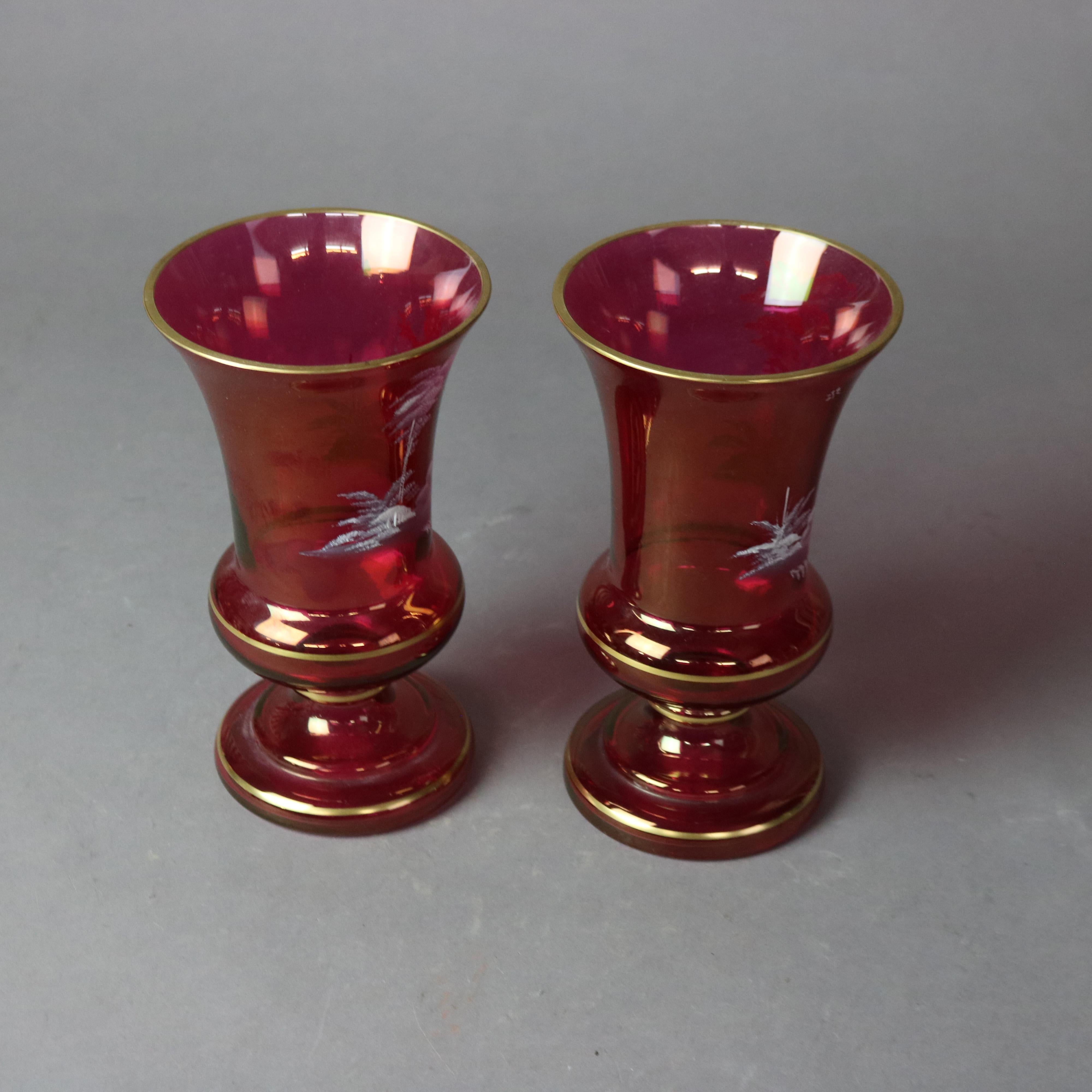 Pair Mary Gregory Hand Enameled & Gilt Cranberry Glass Vases with Figures c1890 1