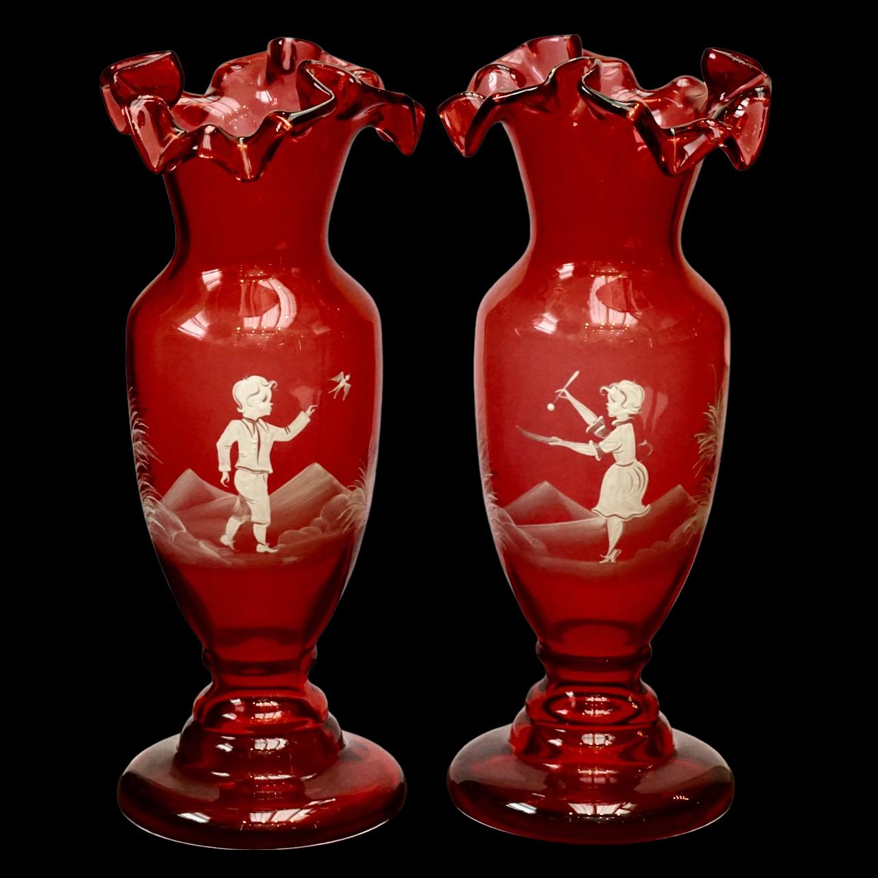 Pair Mary Gregory Hand Painted Cranberry Glass Vases - post war period For Sale 7