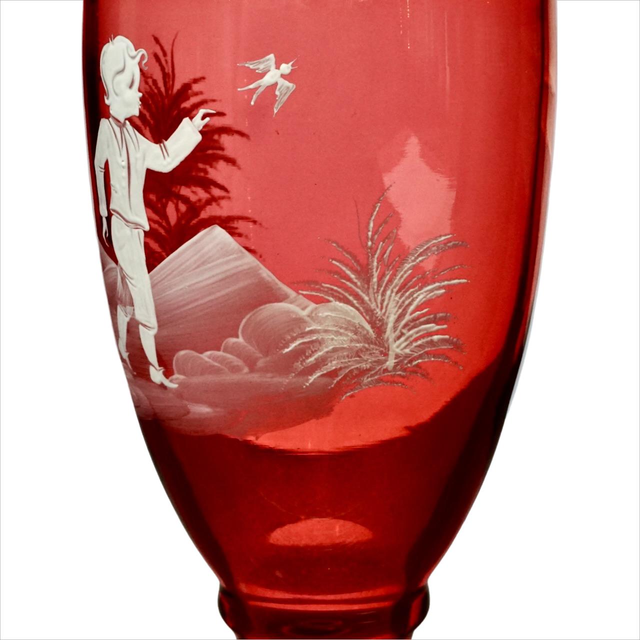 Hand-Crafted Pair Mary Gregory Hand Painted Cranberry Glass Vases - post war period For Sale