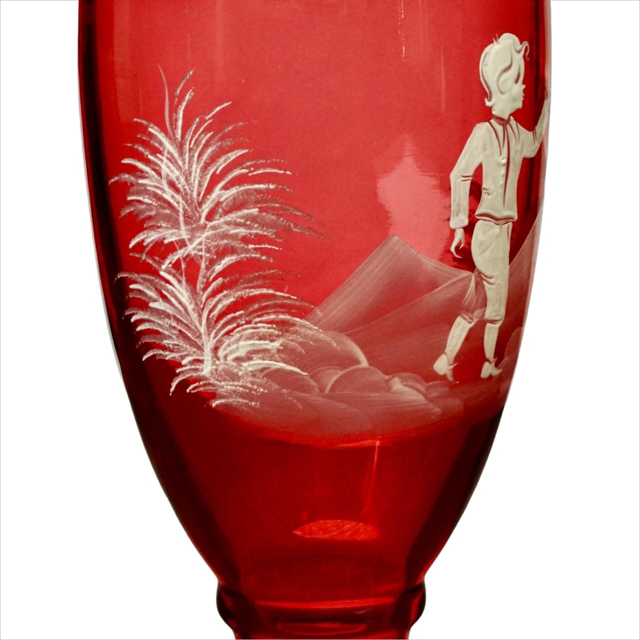Pair Mary Gregory Hand Painted Cranberry Glass Vases - post war period In Good Condition For Sale In London, GB