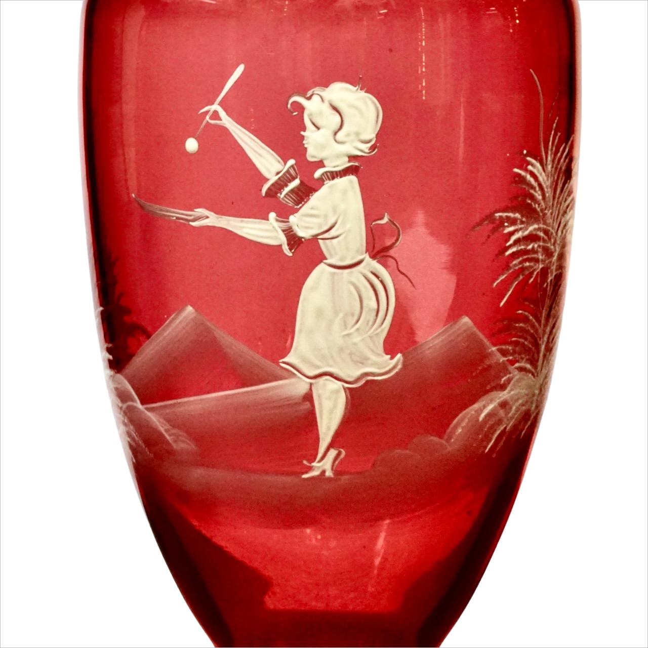 Pair Mary Gregory Hand Painted Cranberry Glass Vases - post war period ...