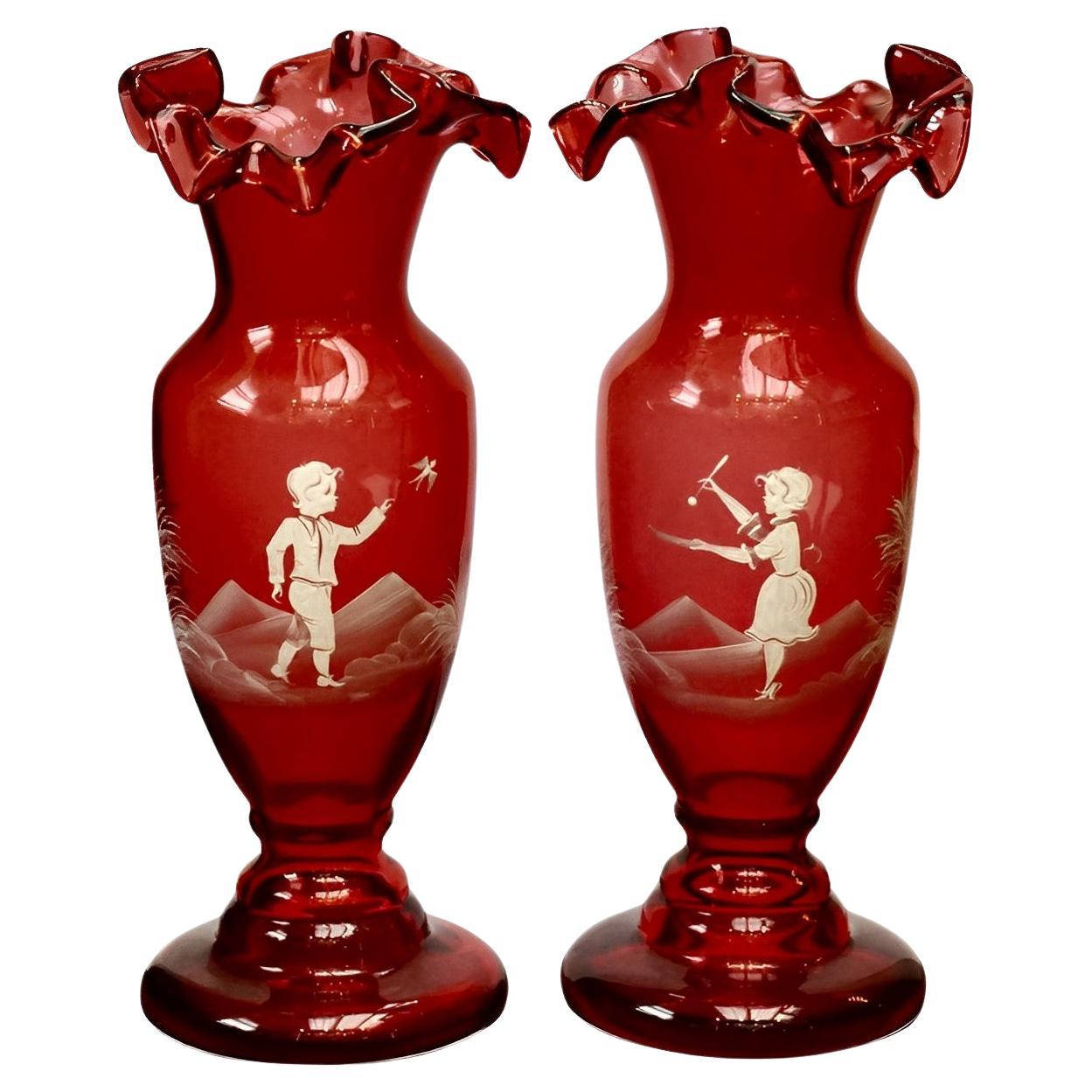 Pair Mary Gregory Hand Painted Cranberry Glass Vases - post war period For Sale