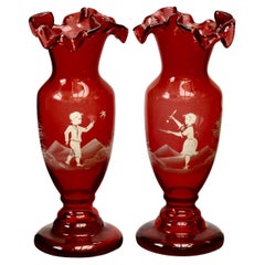 Vintage Pair Mary Gregory Hand Painted Cranberry Glass Vases - post war period
